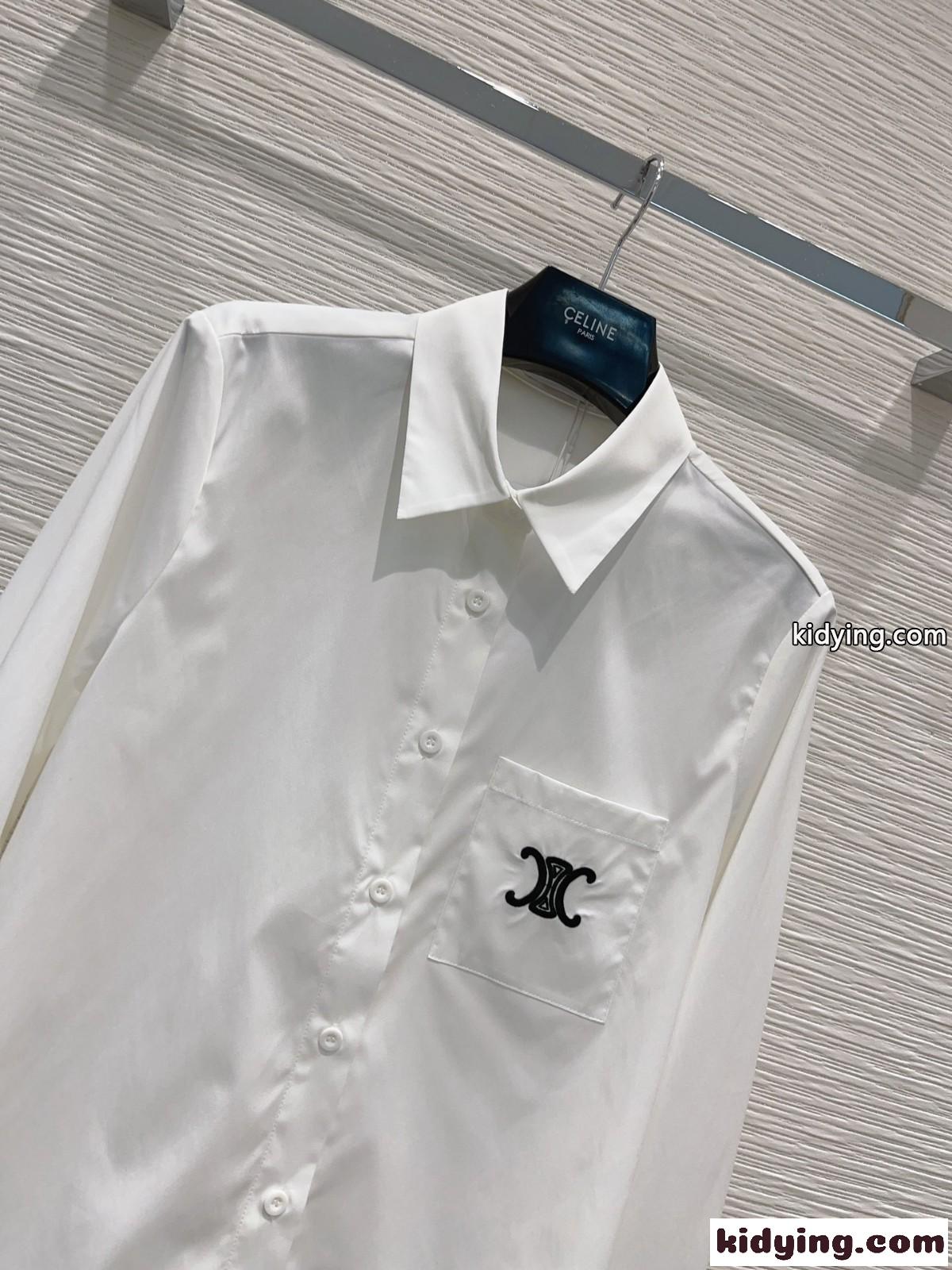 シンプル トリオンフ 刺繍 ロゴ ロングスリーブシャツ セリーヌ シャツ コピー ホワイト-2
