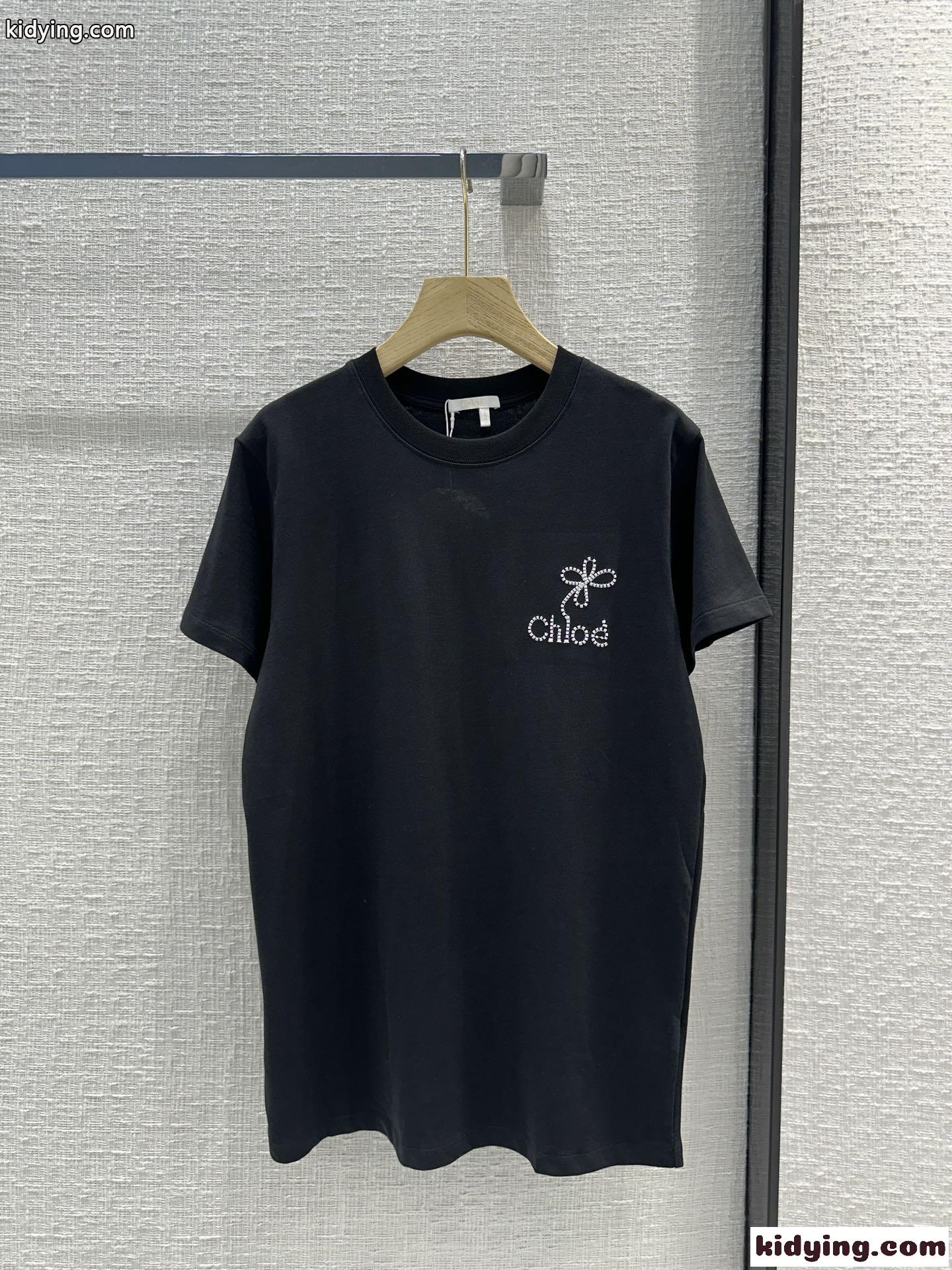 カジュアル 刺繍入り 半袖Tシャツ クロエ Tシャツ コピー ブラック-2