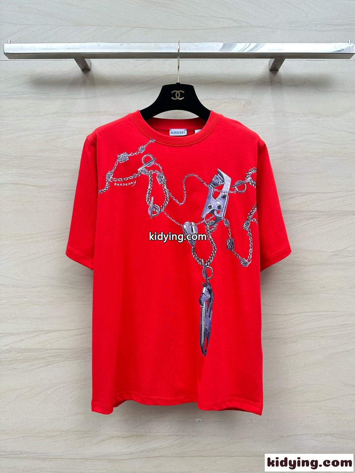 ハードウェアプリント コットンTシャツ バーバリー 半袖Tシャツ コピー クルーネック-1