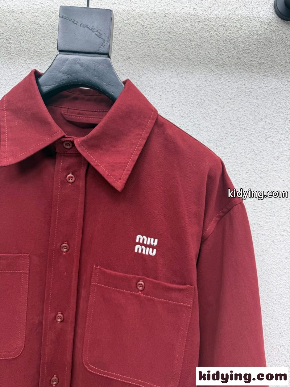 エレガント コットン ロゴ刺繍 長袖シャツ ミュウミュウ シャツ コピー ボルドー-1