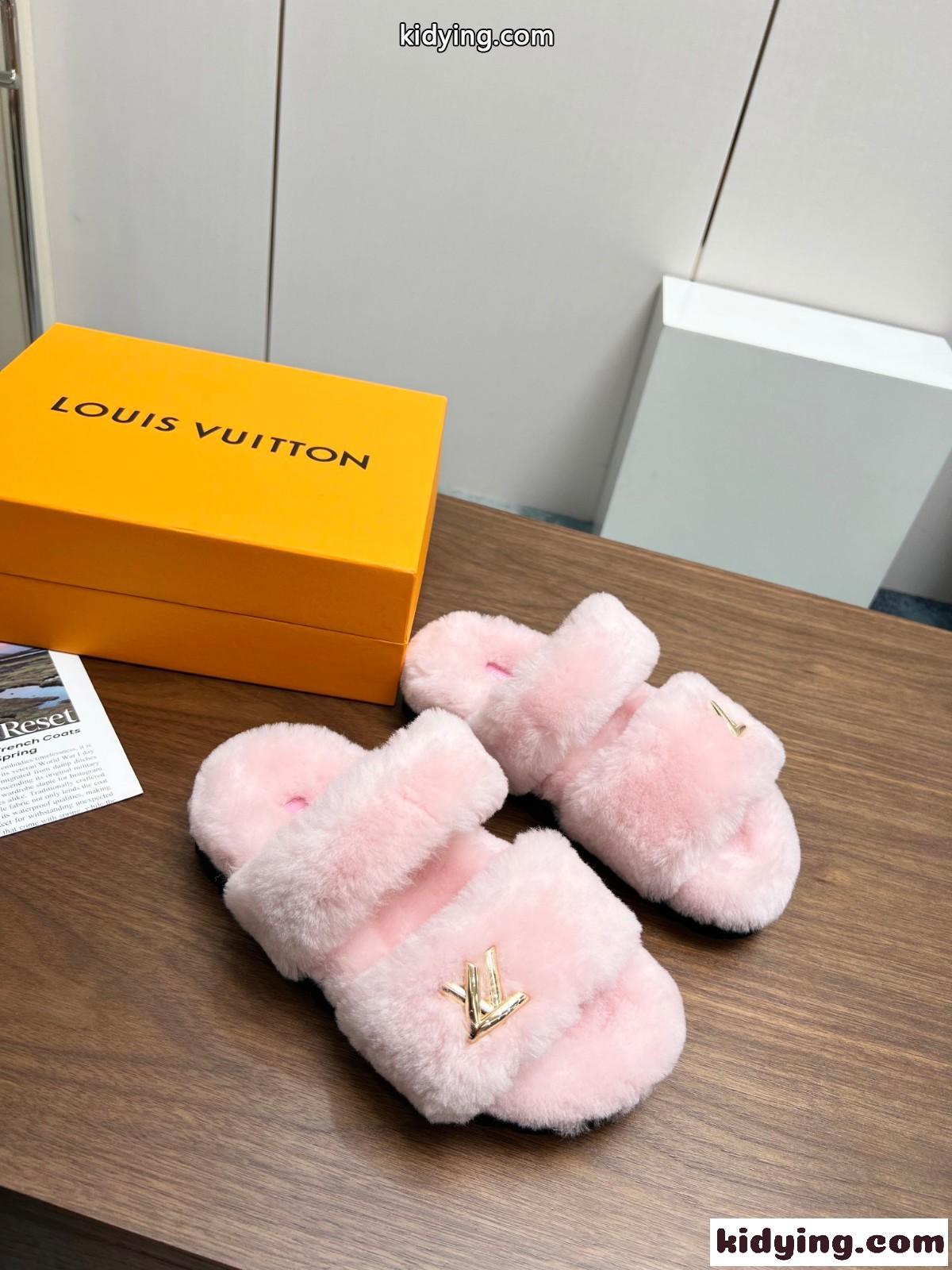 ふわふわ 可愛い LVロゴ ミュール ルイヴィトン サンダル コピー 秋冬 ピンク-1