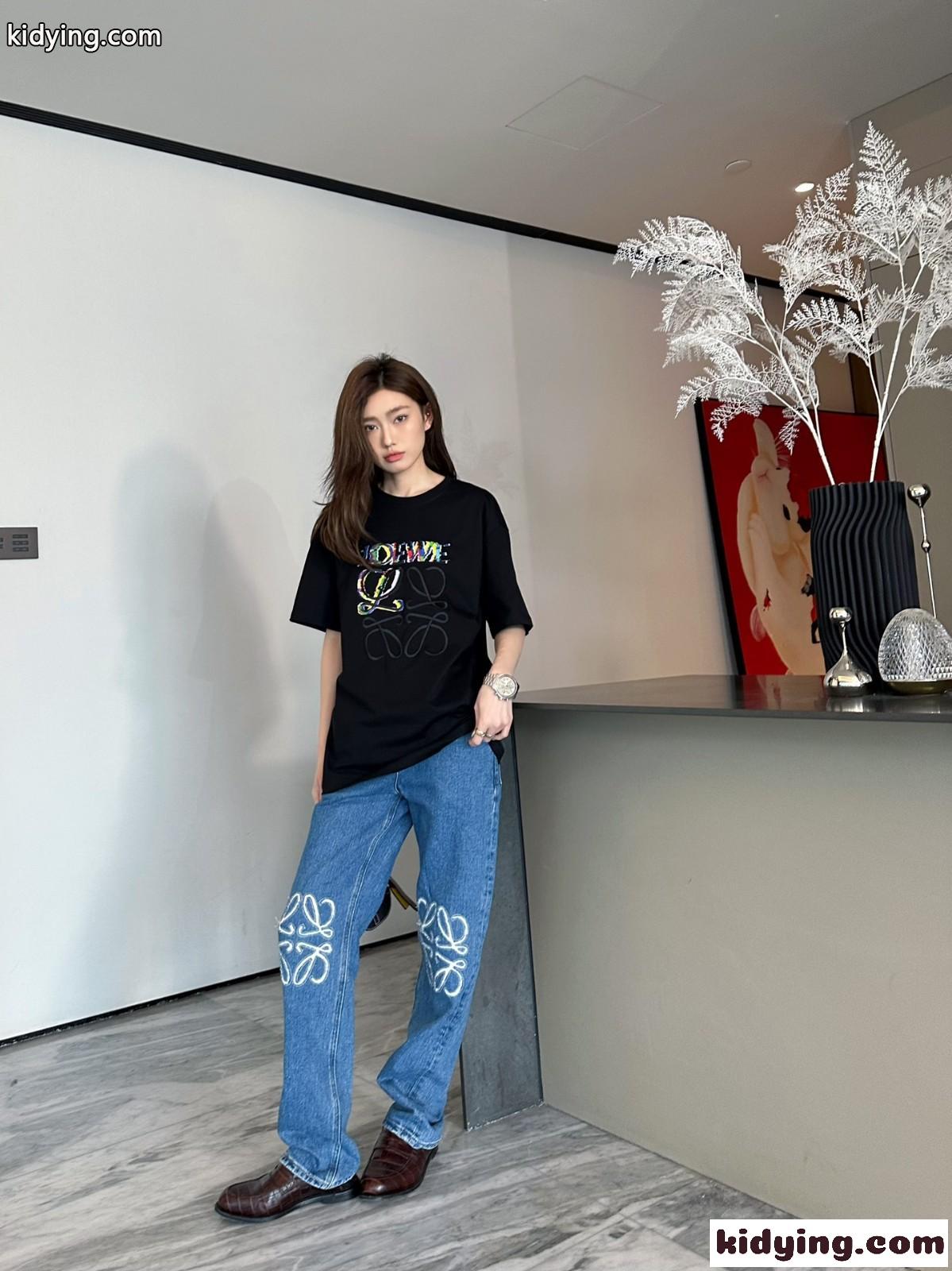 ユニセックス アナグラム コットン 半袖Tシャツ ロエベ Tシャツ コピー ロゴ カジュアル-4