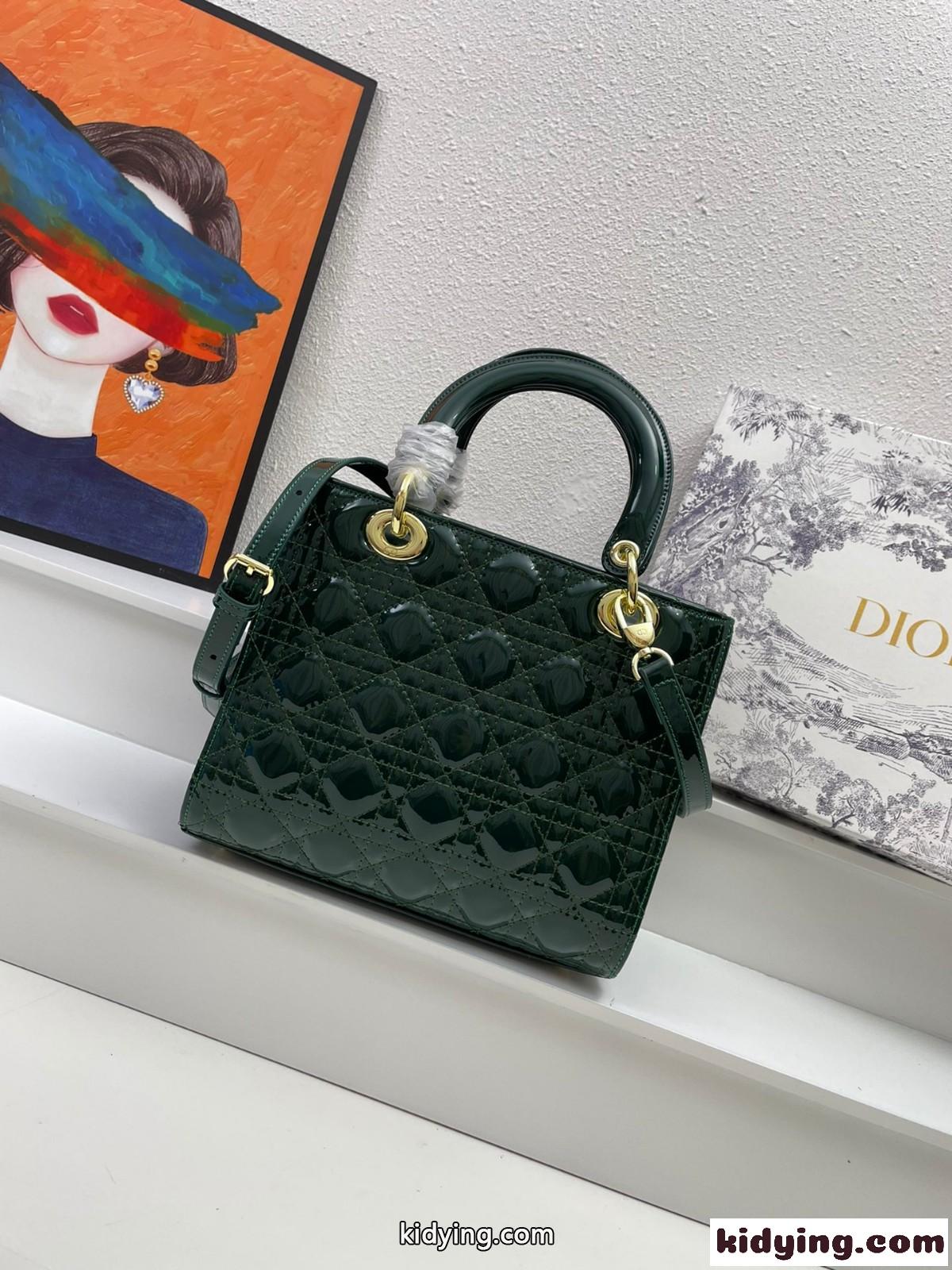 LADY DIOR パテントレザー ミディアムバッグ クリスチャン・ディオール バッグ コピー ハンドバッグ グリーン-2
