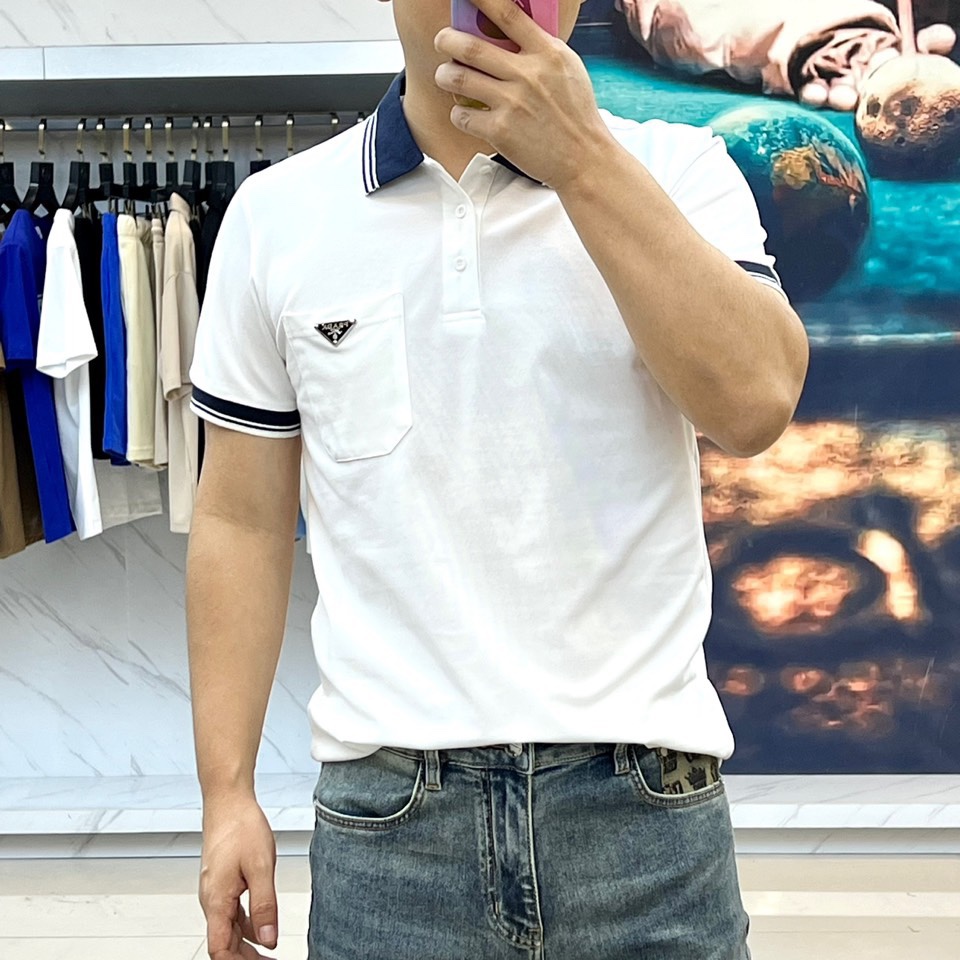 トライアングルロゴ付 コットンピケ ポロシャツ プラダ 半袖Tシャツ コピー ホワイト-2