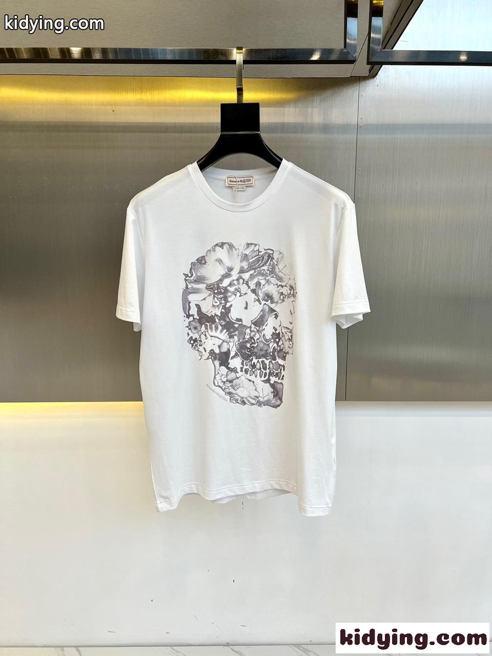 スカルプリント コットン 半袖Tシャツ アレキサンダー・マックイーン Tシャツ コピー ホワイト-0
