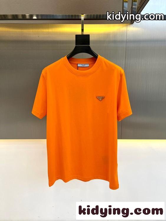 シンプル トライアングルロゴ付き 半袖Tシャツ プラダ Tシャツ コピー オレンジ-0
