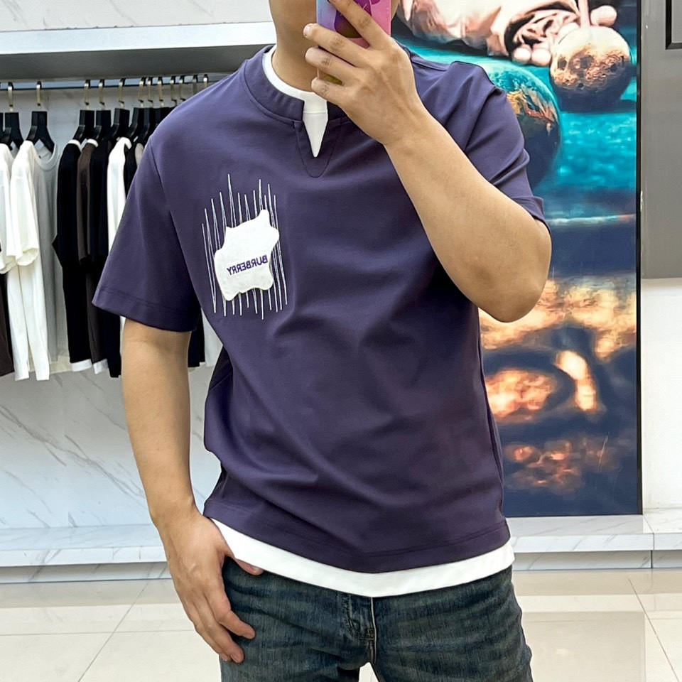 おしゃれ レイヤード風 半袖Tシャツ バーバリー Tシャツ 偽物 コットン パープル-1