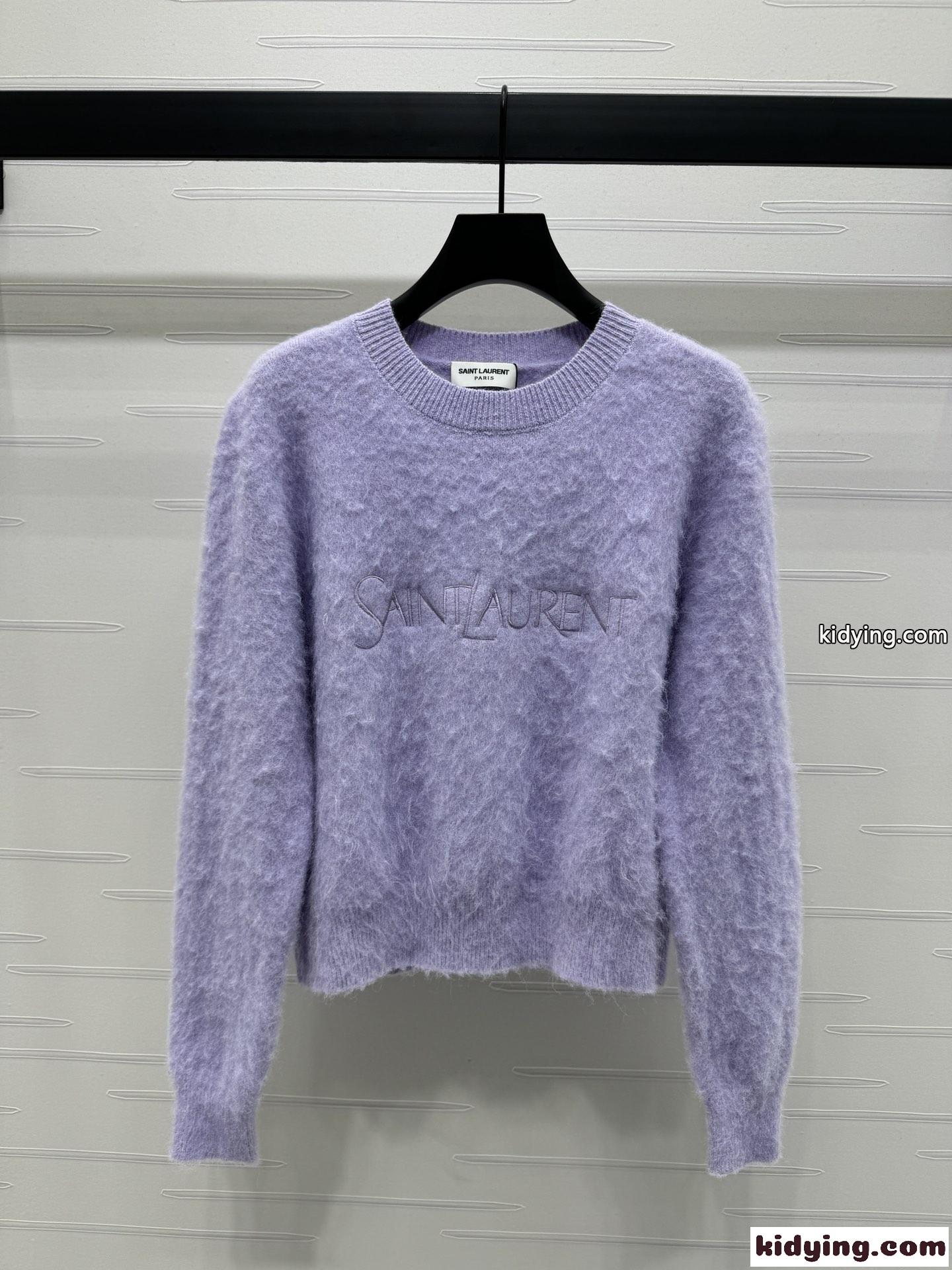 サンローラン セーター レディースコピー ニット トップス 柔軟 薄い ロゴ刺繍 シンプル 暖かい ふんわり パープル-0