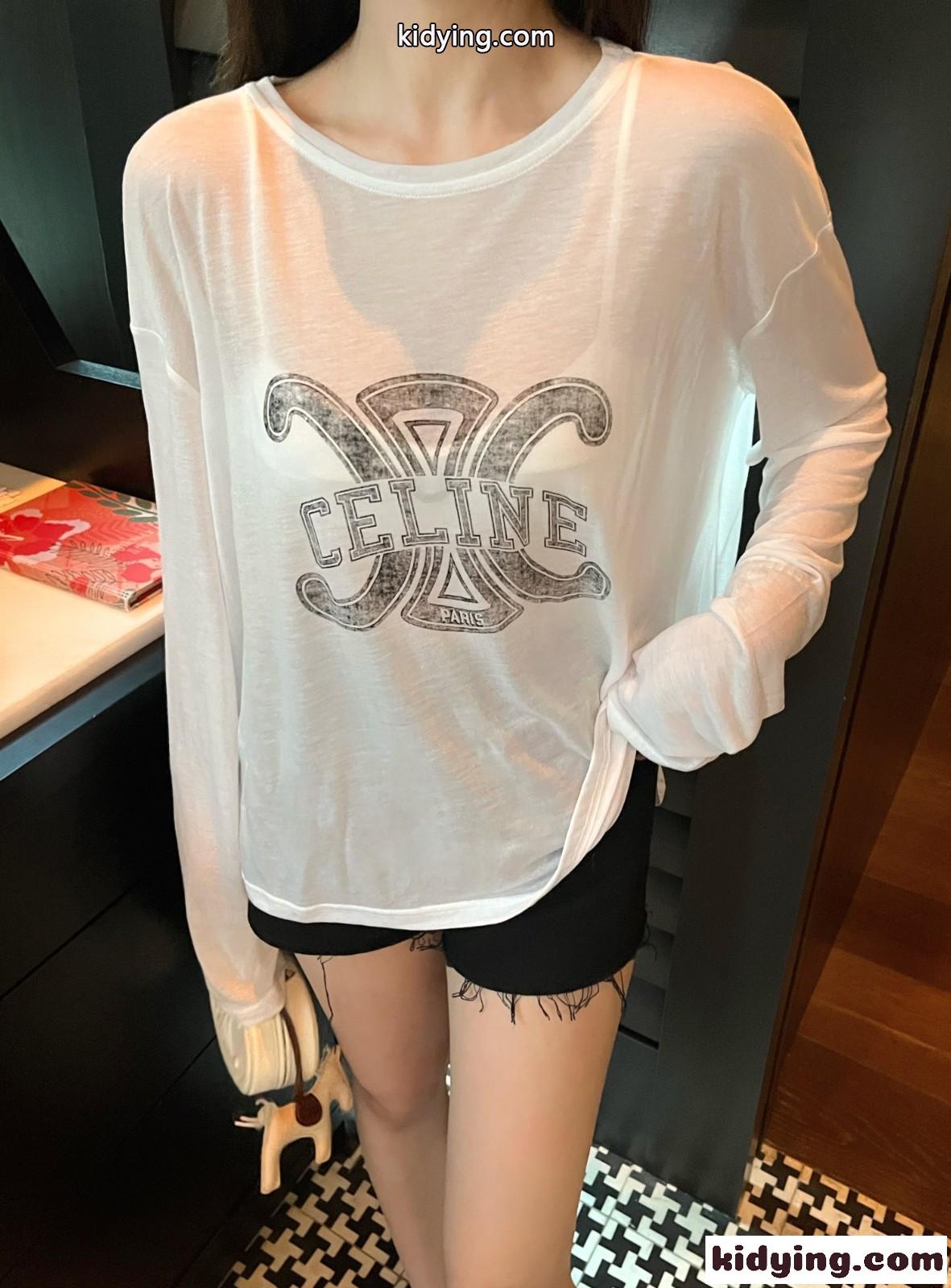 シンプル ロゴ プリント カジュアル セリーヌ Tシャツ コピー 長袖 薄手 日焼け止め クルーネック-3