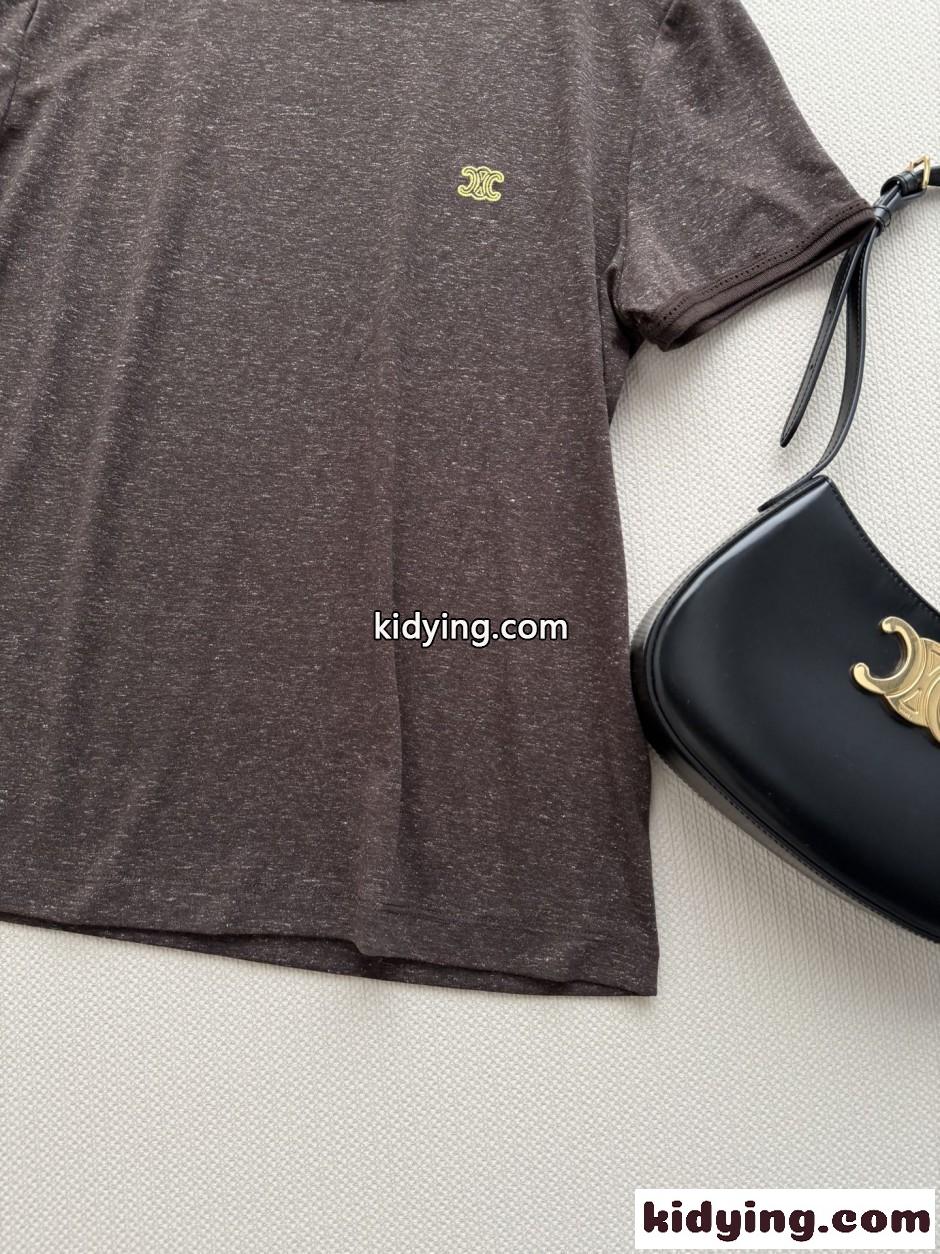コットンリネン 半袖Tシャツ セリーヌ Tシャツ コピー ダークブラウン-4