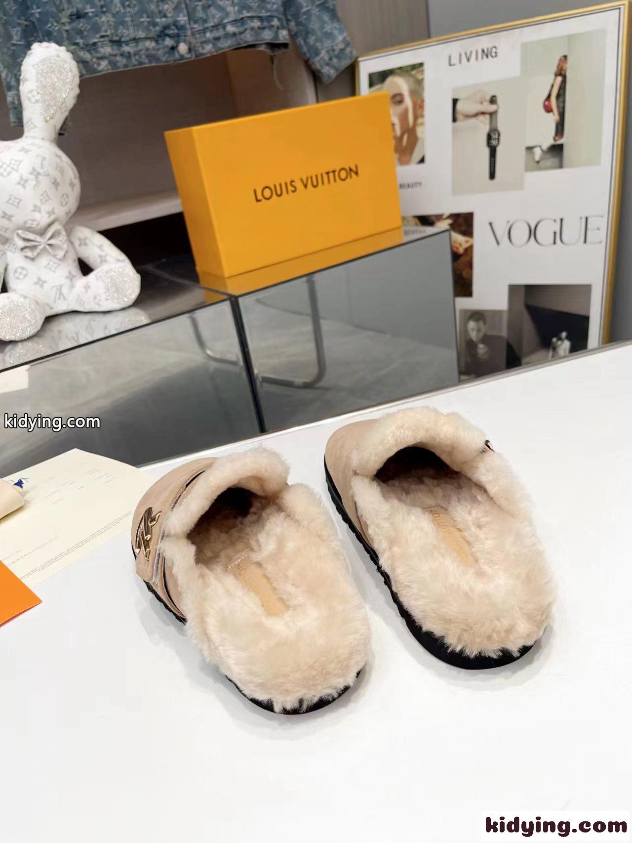 秋冬 ふわふわ LV コージー ミュール サンダル ルイヴィトン サンダル コピー ベージュ-2