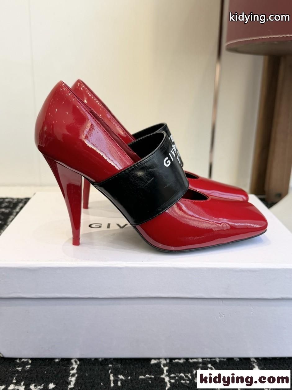 ジバンシィ スーパーコピー スライスドスクエア GIVENCHYテープ パンプス パテントレザー レッド-1