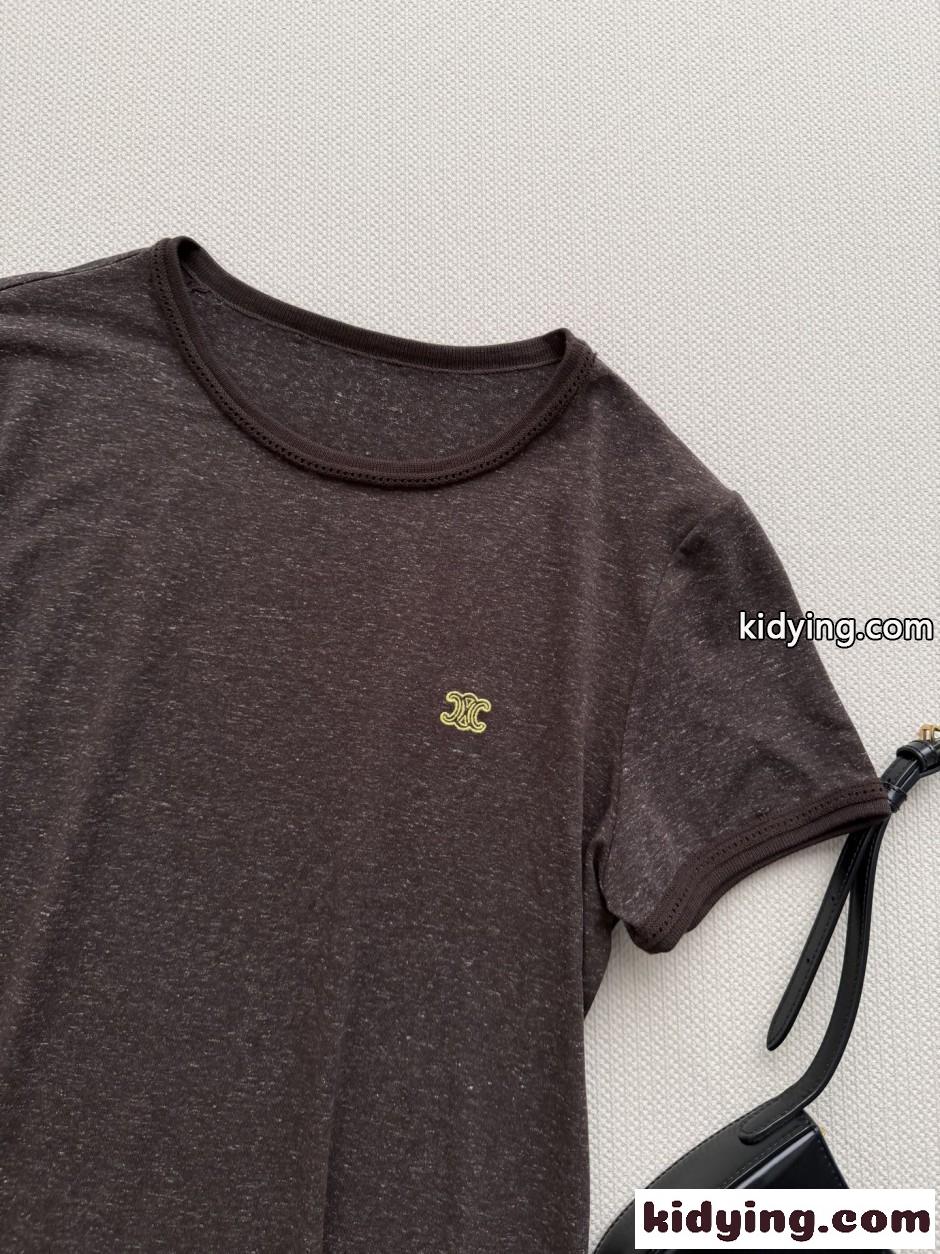 コットンリネン 半袖Tシャツ セリーヌ Tシャツ コピー ダークブラウン-2