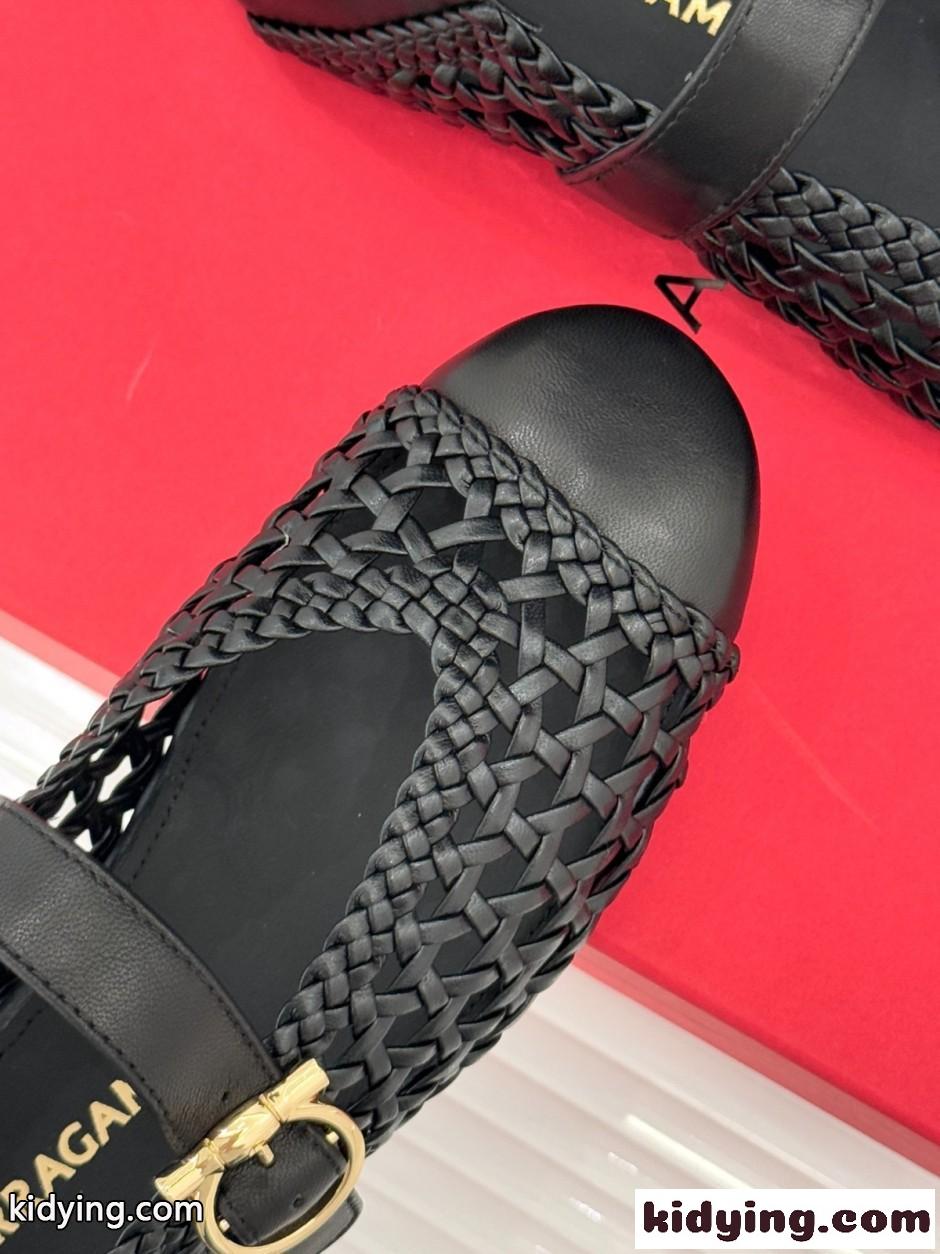 編み込み レザー バレリーナシューズ サルヴァトーレ・フェラガモ スーパーコピー ブラック-3