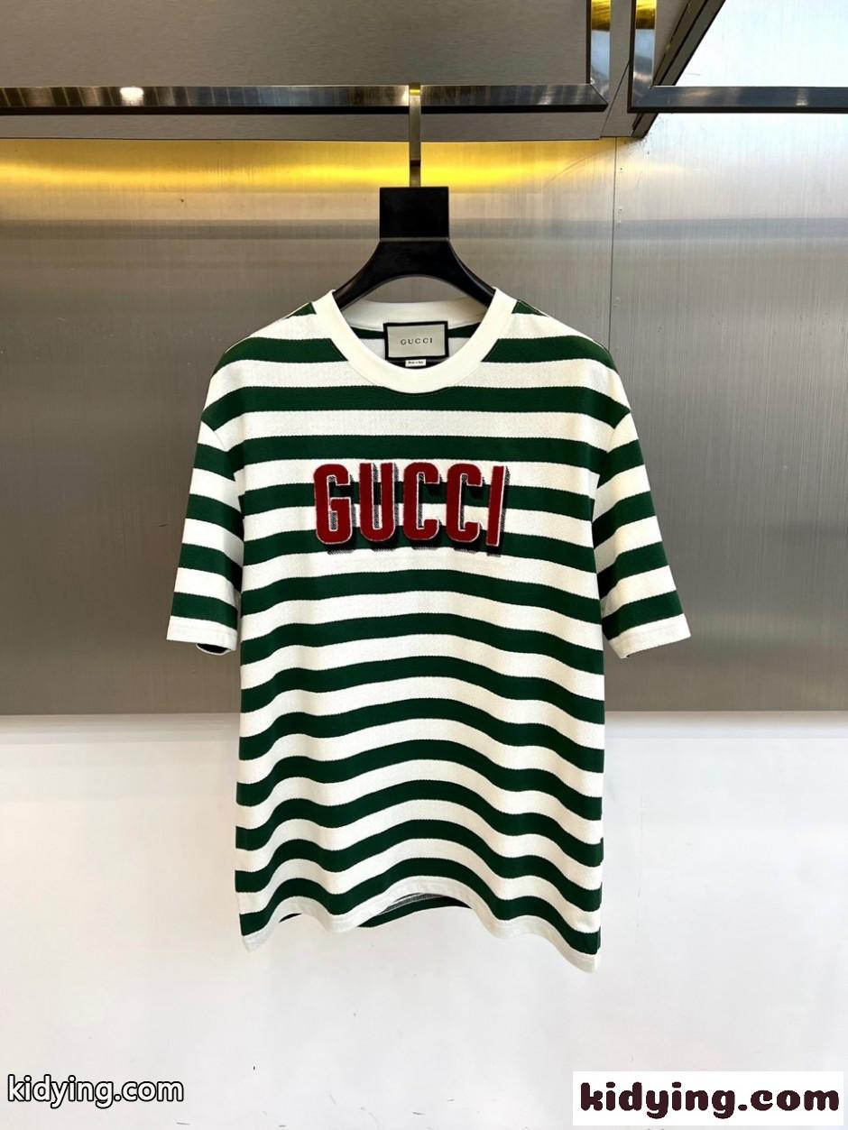 ボーダー柄 ロゴ入り 半袖Tシャツ グッチ Tシャツ 偽物 クルーネック-1