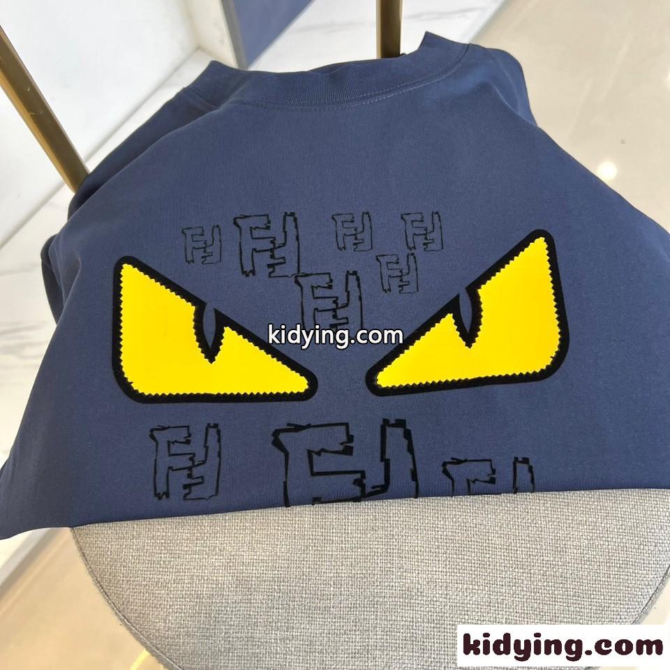 フェンディ Tシャツ 偽物 カジュアル プリント コットン 半袖Tシャツ ブルー-2