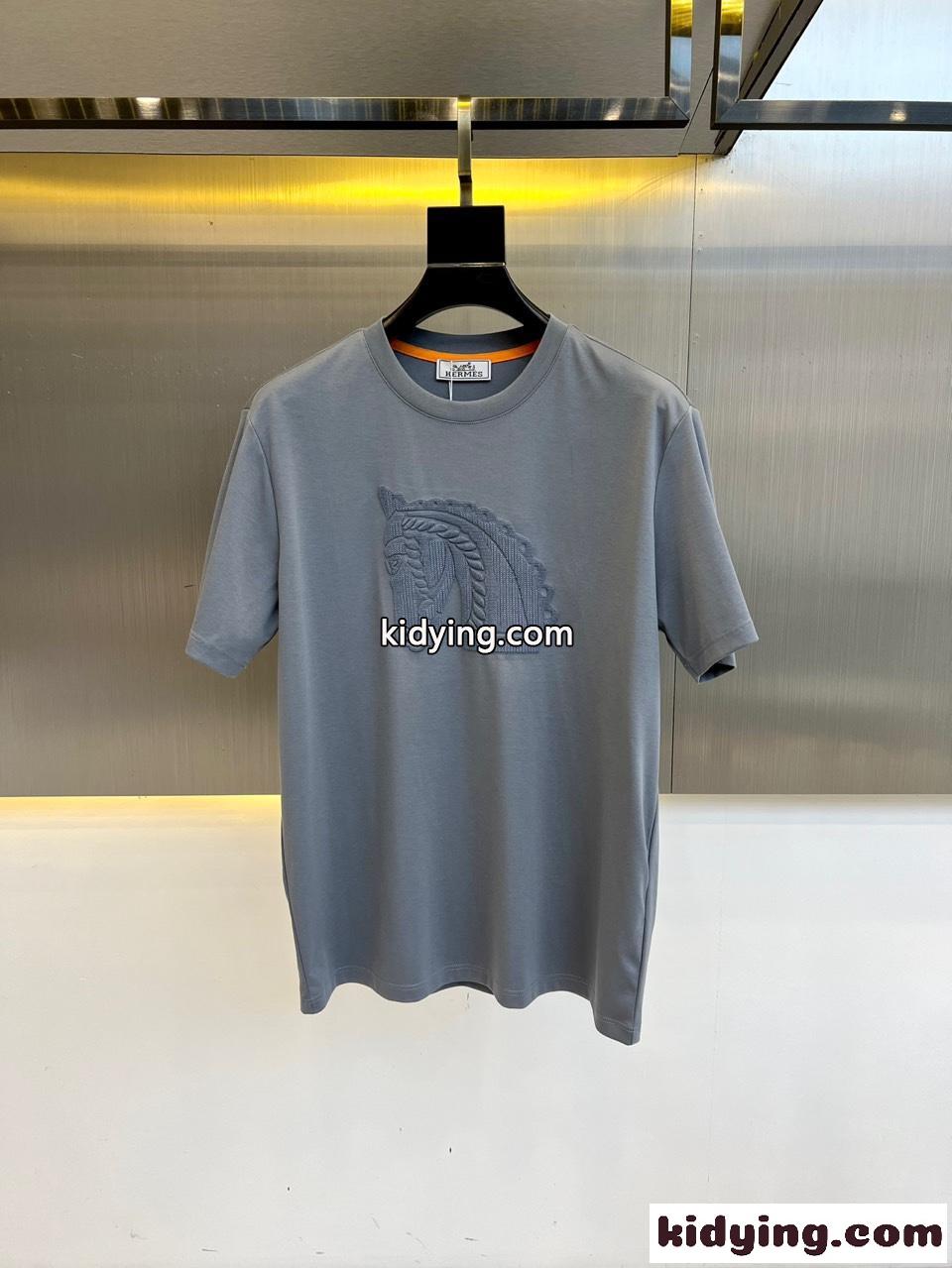 シンプル 上品 コットン クルーネック エルメス Tシャツ 偽物 半袖トップス グレー-1