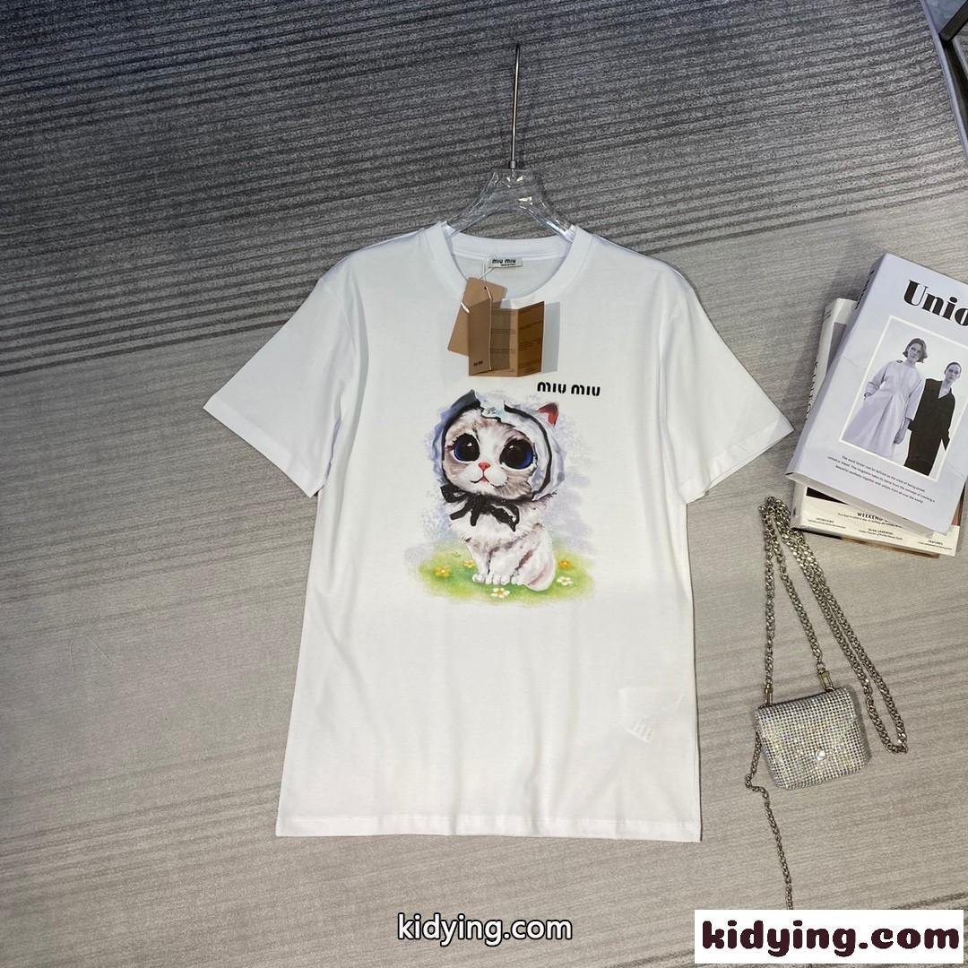 可愛い プリント クルーネック コットン 春夏 定番 ミュウミュウ 半袖tシャツ コピー 人気 カジュアル-2
