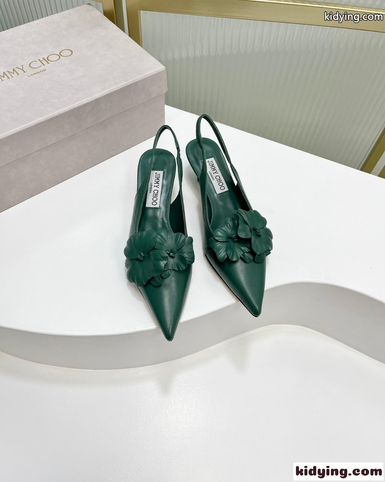 フラワー付き ナッパレザー・スリングバックパンプス ジミーチュウ パンプス コピー グリーン-2