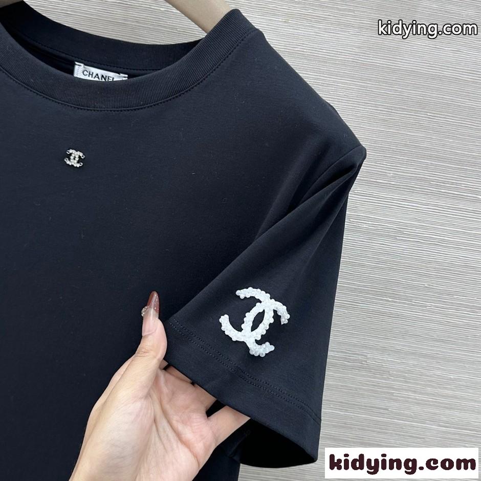 シンプル コットン 半袖Tシャツ シャネル Tシャツ コピー クルーネック ブラック-2