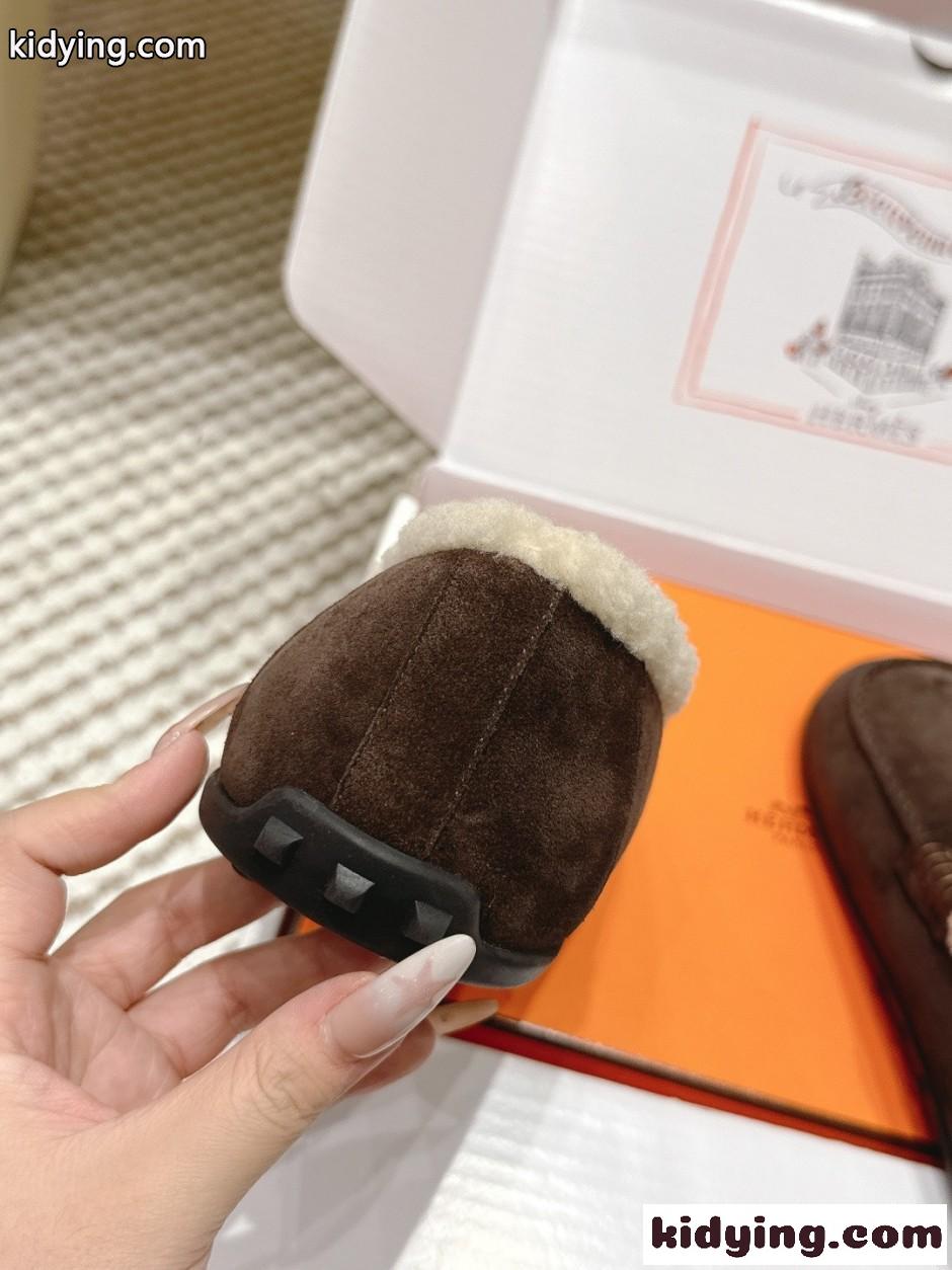 シンプル もこもこ スエードローファー エルメス シューズ コピー ダークブラウン-3