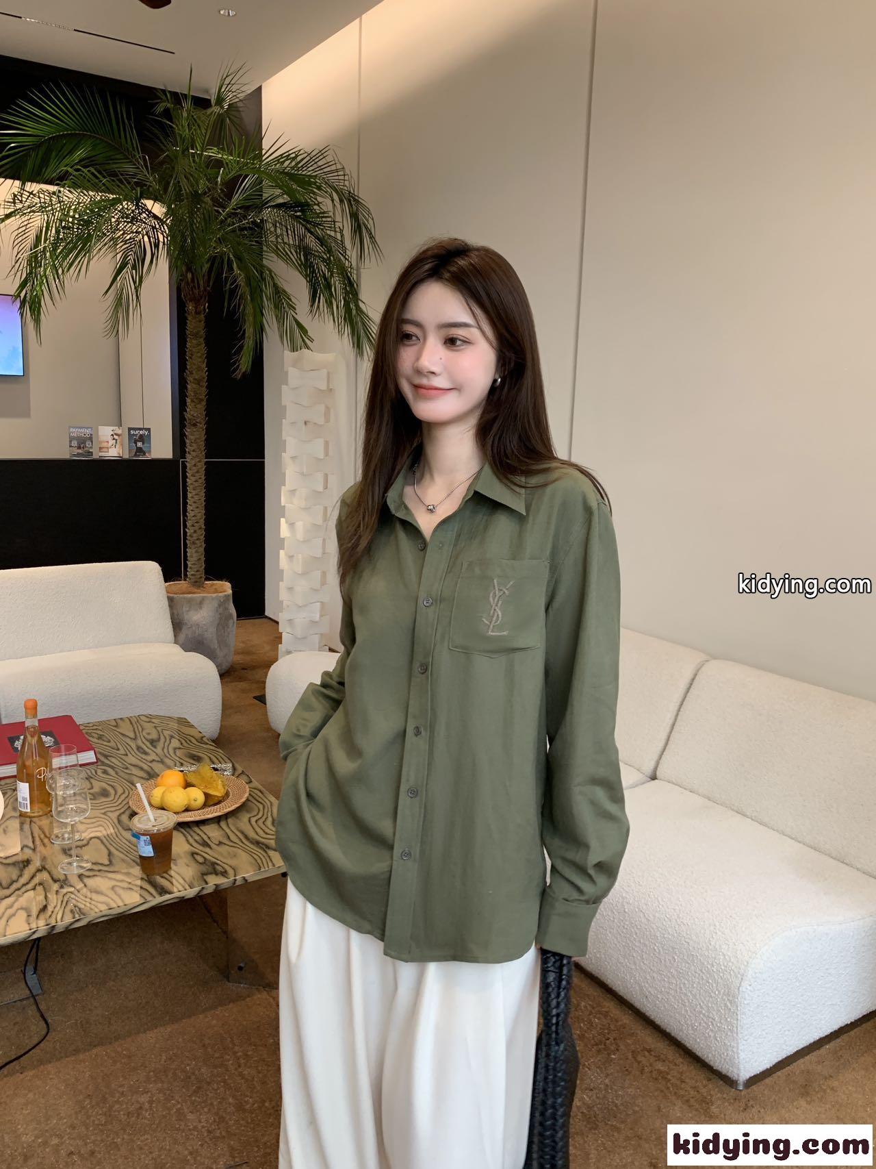 春夏 爽やか リネン&コットン ロングスリーブシャツ イヴ・サンローラン シャツ コピー グリーン-3