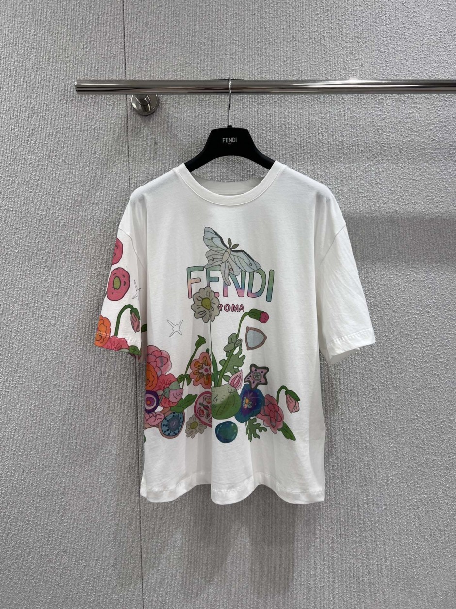 ユニセックス プリント コットン 半袖tシャツ フェンディ Tシャツ 偽物 クルーネック-0