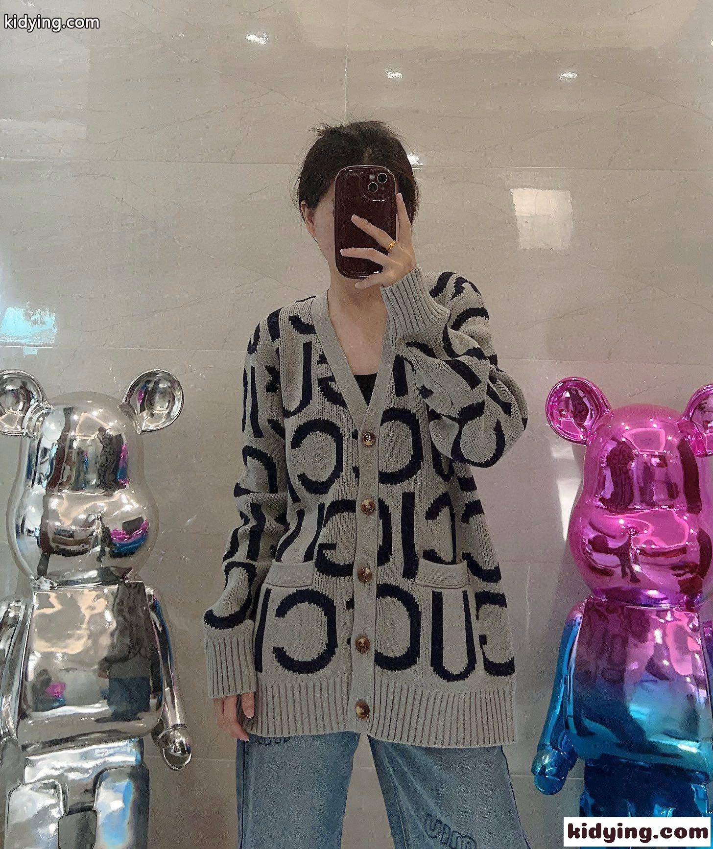 GUCCI インターシャ ウール カーディガン グッチ ニット コピー ユニセックス グレー-4
