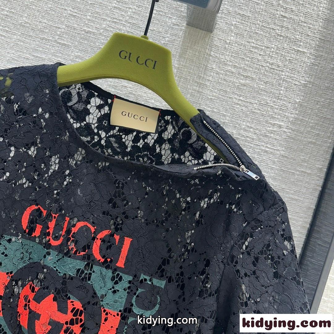 GUCCIプリント フローラル レース トップ グッチ Tシャツ コピー ブラック-2