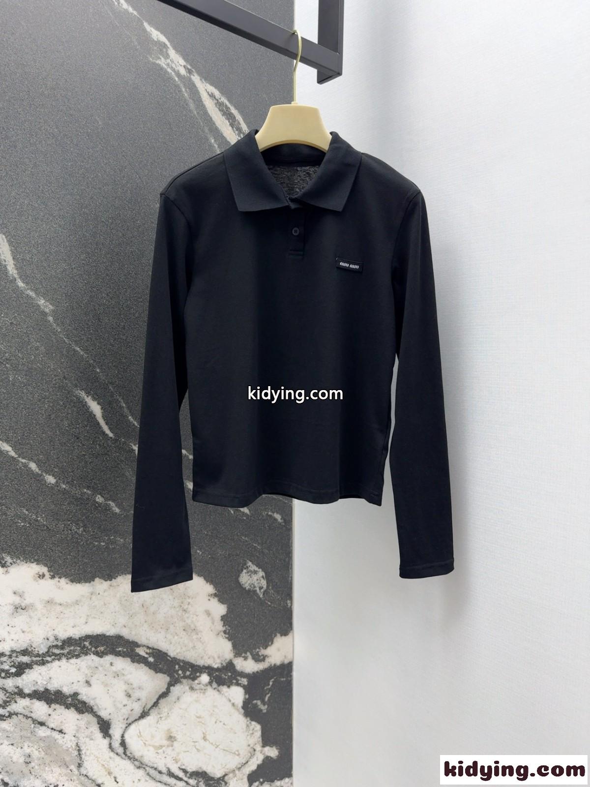 カジュアル ロゴパッチ 長袖 ポロシャツ ミュウミュウ Tシャツ コピー ブラック-1