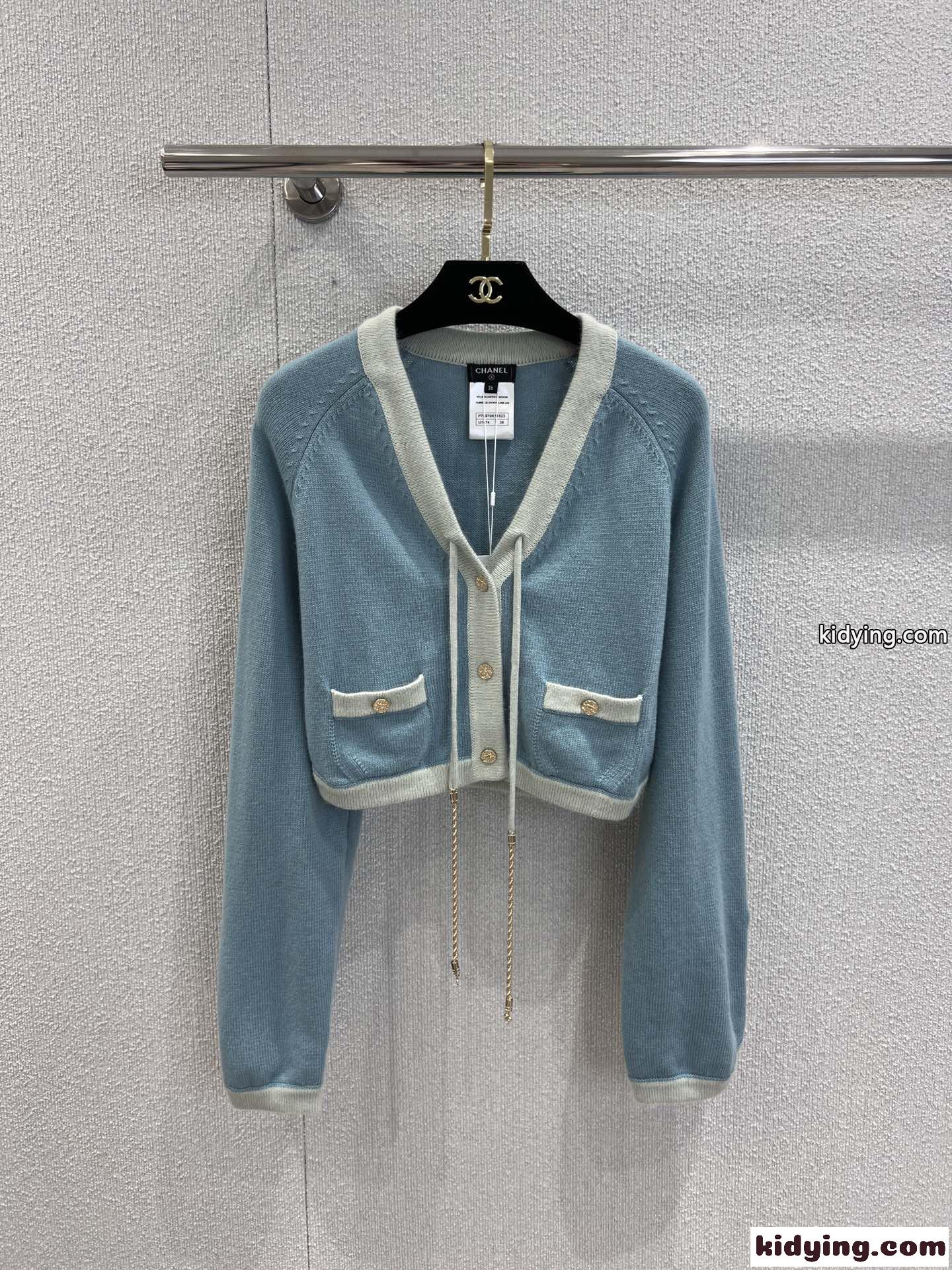 新作！配色 カシミヤ カーディガン シャネル ニット コピー ブルー-0
