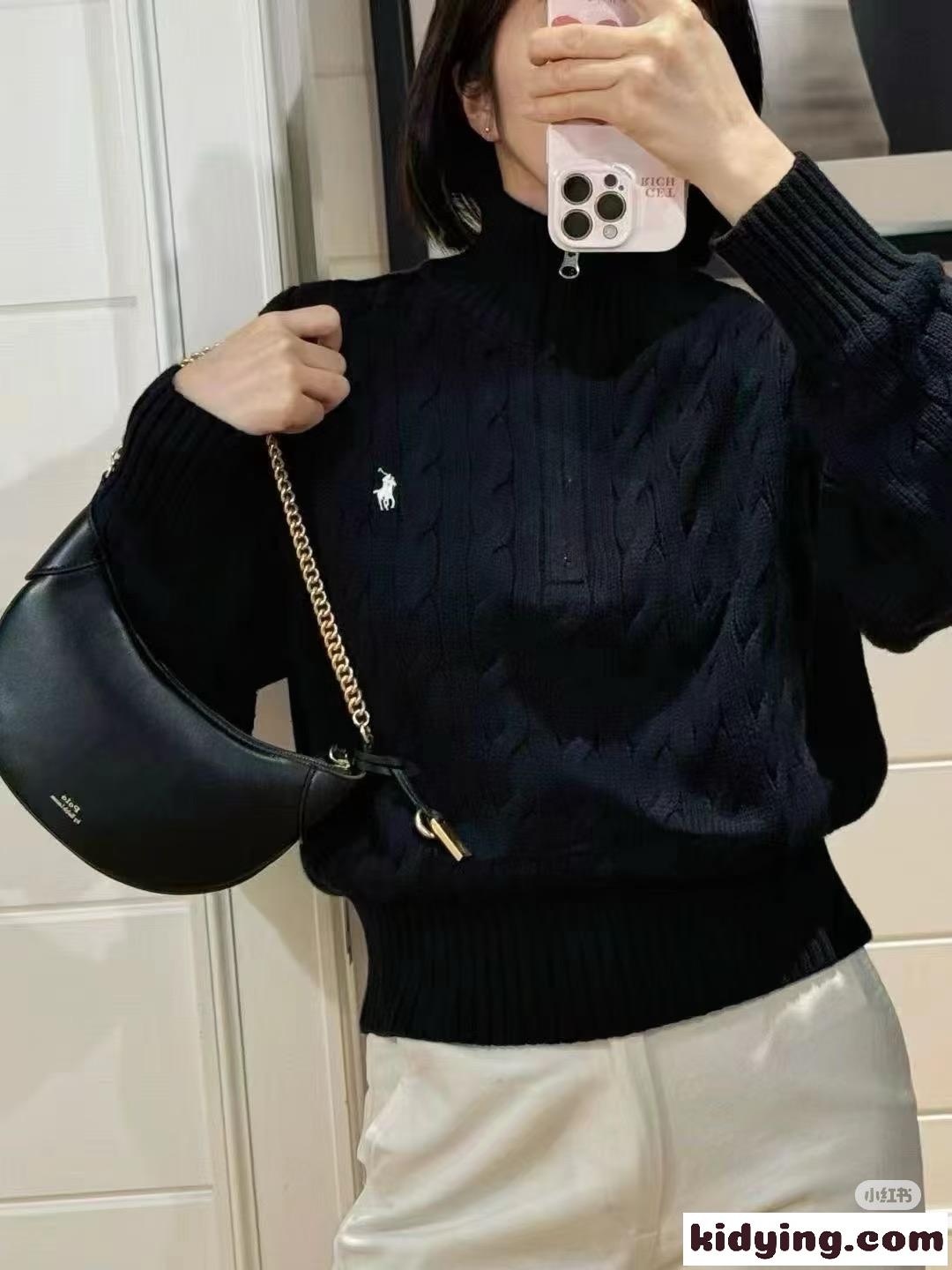 ラルフローレン セーター 偽物 ケーブル編み ハーフジップセーター ロゴ刺繍 ブラック-4