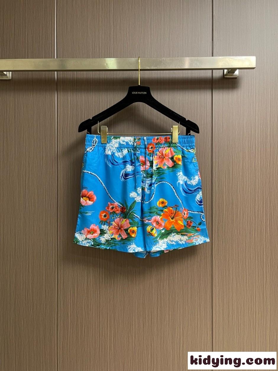 フローラルプリント ショートパンツ グッチ パンツ 偽物 シルク ブルー-0