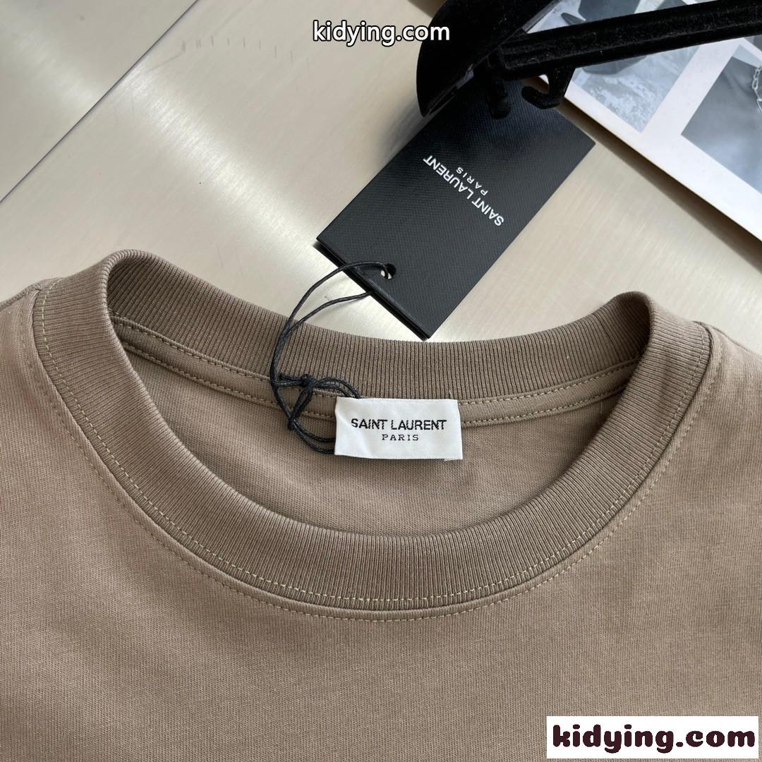 ベーシック 着回し ロゴ 刺繍 イヴ・サンローラン Tシャツ コピー クルーネック コットン ブラウン-2