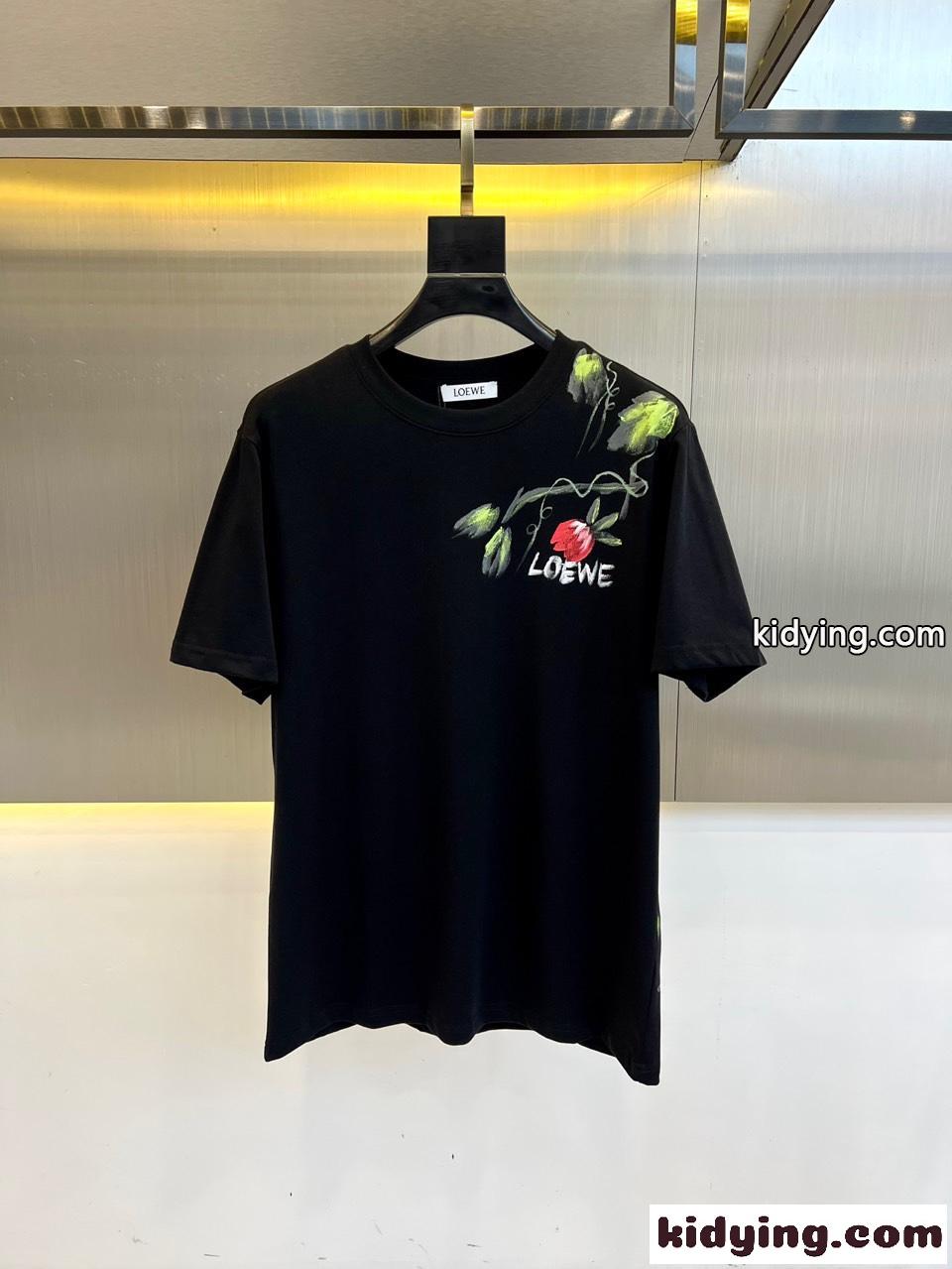 カジュアル プリント クルーネック 半袖Tシャツ ロエベ Tシャツ 偽物 コットン ブラック-0