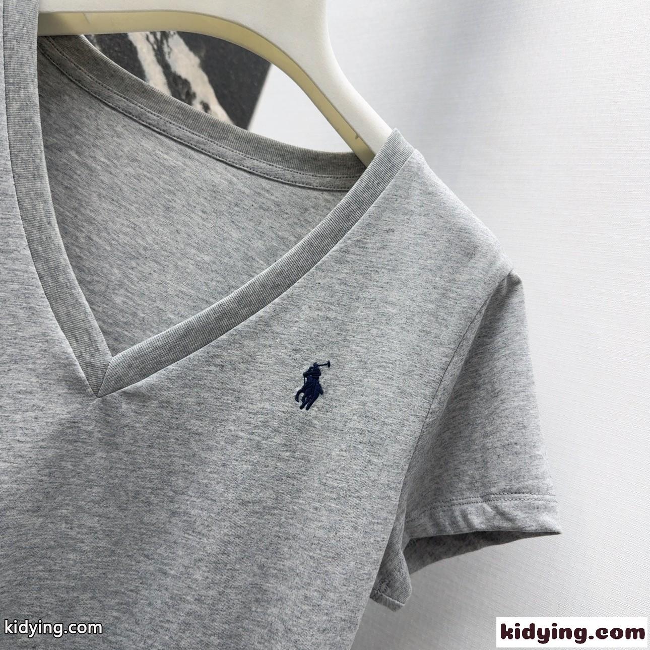 シンプル ロゴ刺繍 Vネック 半袖Tシャツ ラルフローレン Tシャツ コピー グレー-1