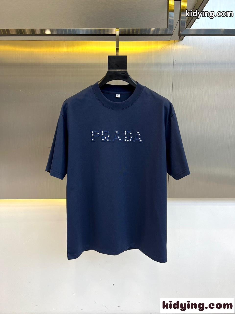 シンプル ロゴ入り クルーネック プラダ Tシャツ 偽物 半袖Tシャツ ブルー-1