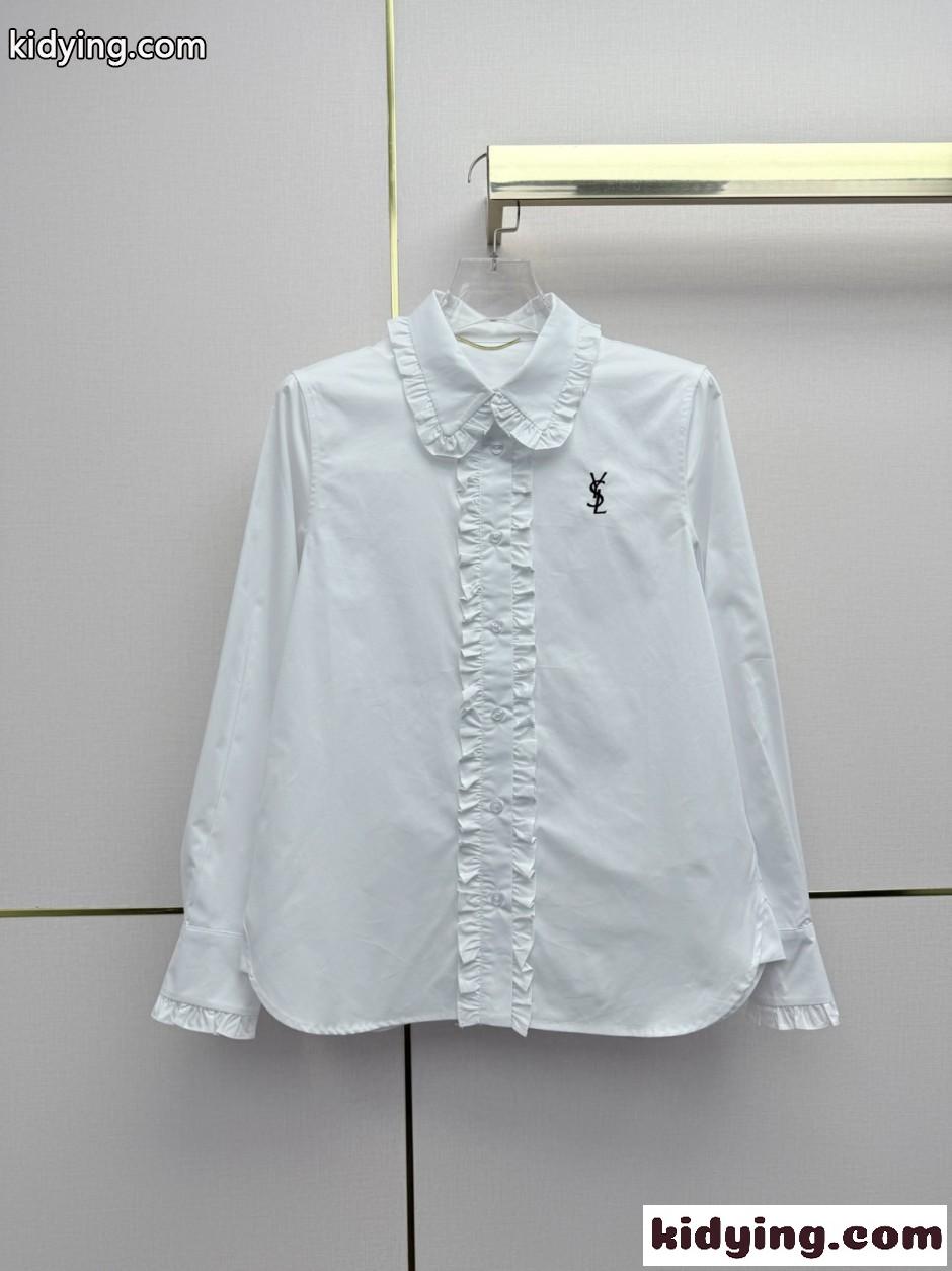 YSL ロゴ刺繍 フリル付き 長袖シャツ イヴ・サンローラン シャツ 偽物 ホワイト-1
