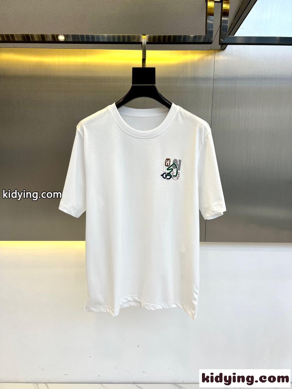 上品 カジュアル コットン 半袖Tシャツ エルメス Tシャツ 偽物 クルーネック ホワイト-0