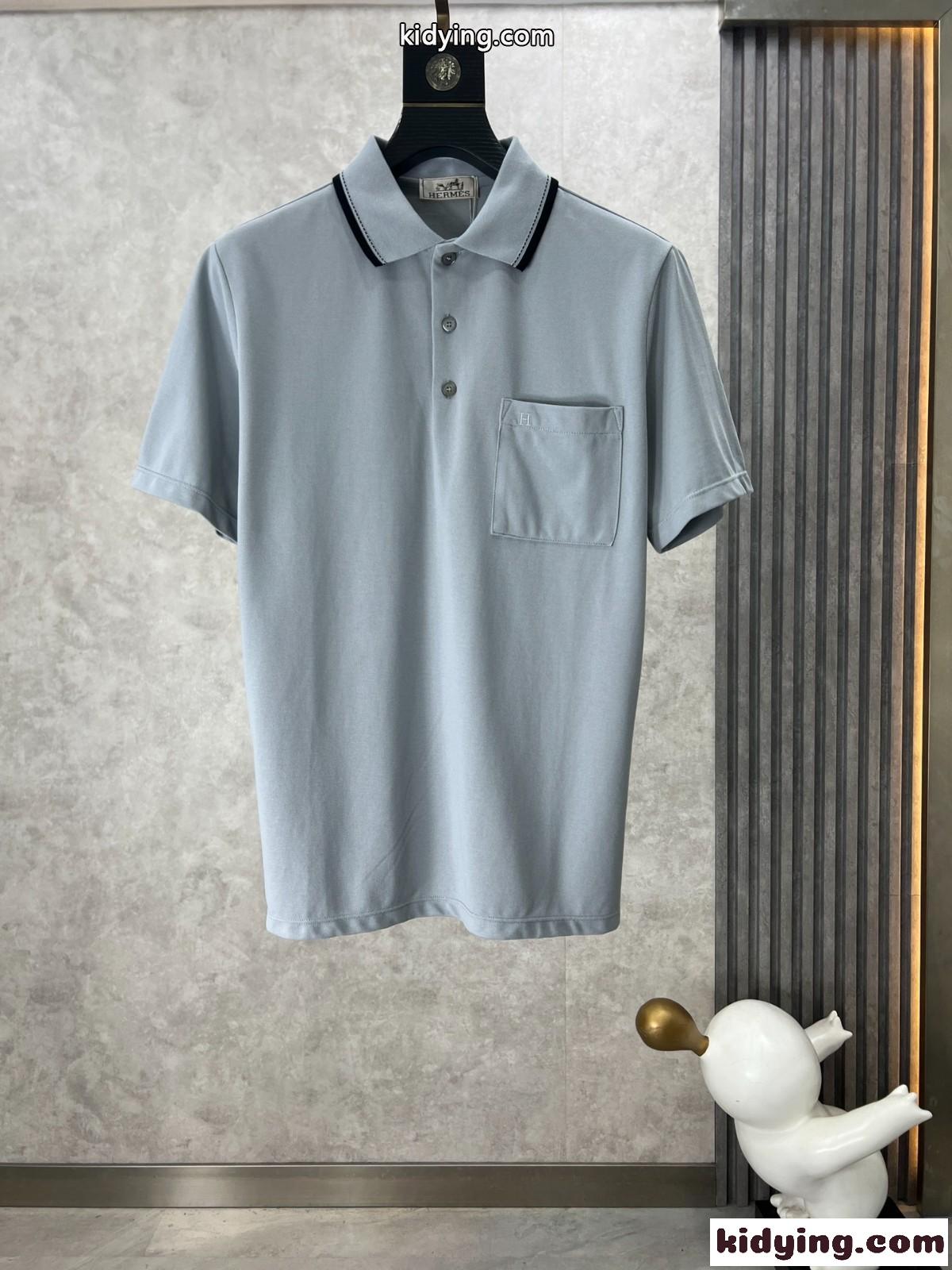 カジュアル 上品 半袖 ポロシャツ エルメス Tシャツ コピー コットンピケ グレー-0