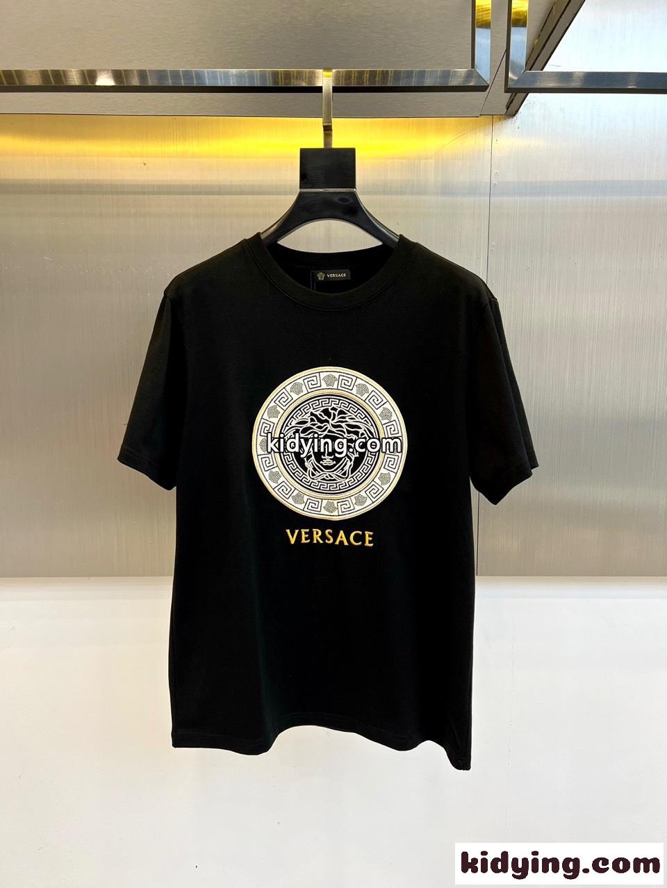 刺繍入り コットン 半袖Tシャツ ヴェルサーチェ Tシャツ 偽物 クルーネック ブラック-0