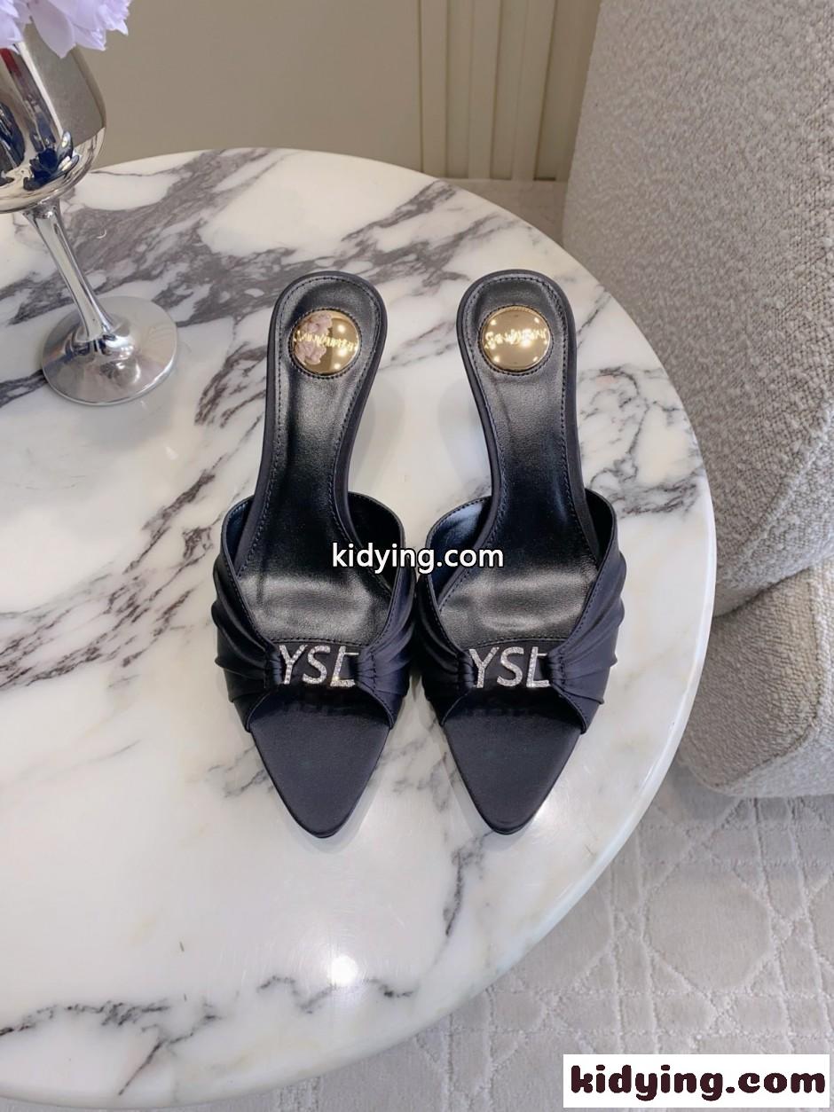 サテン YSL ジェリー ミュール 上品 洗練された イヴ・サンローラン サンダル コピー ブラック-1