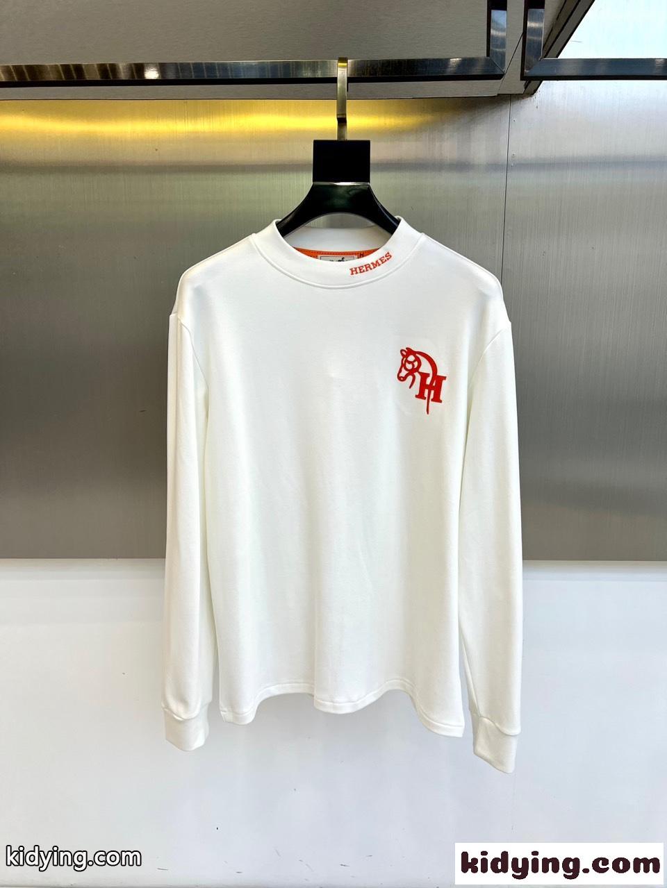 シンプル 洗練された ロゴ 長袖Tシャツ エルメス Tシャツ 偽物 合わせやすい ホワイト-0