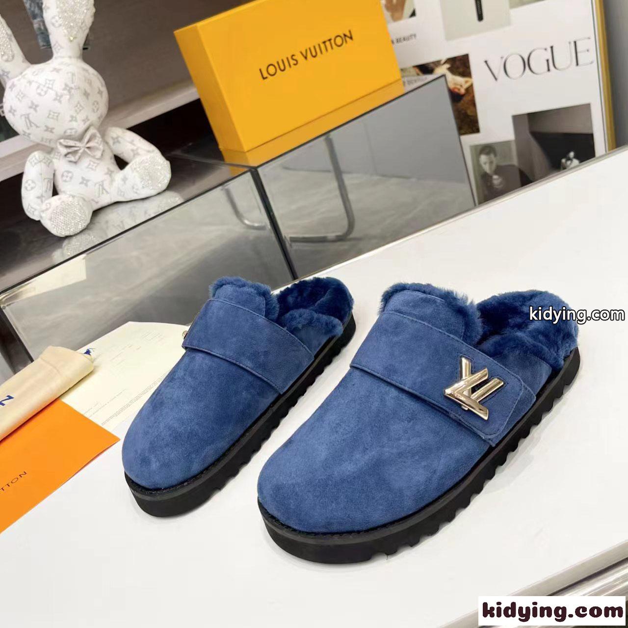 秋冬 ふわふわ LV コージー ミュール サンダル ルイヴィトン サンダル コピー ブルー-0