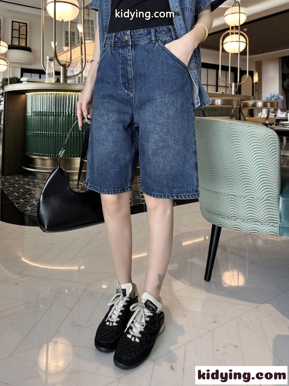 ロゴボタン デニム バミューダパンツ シャネル パンツ コピー ブルー-4
