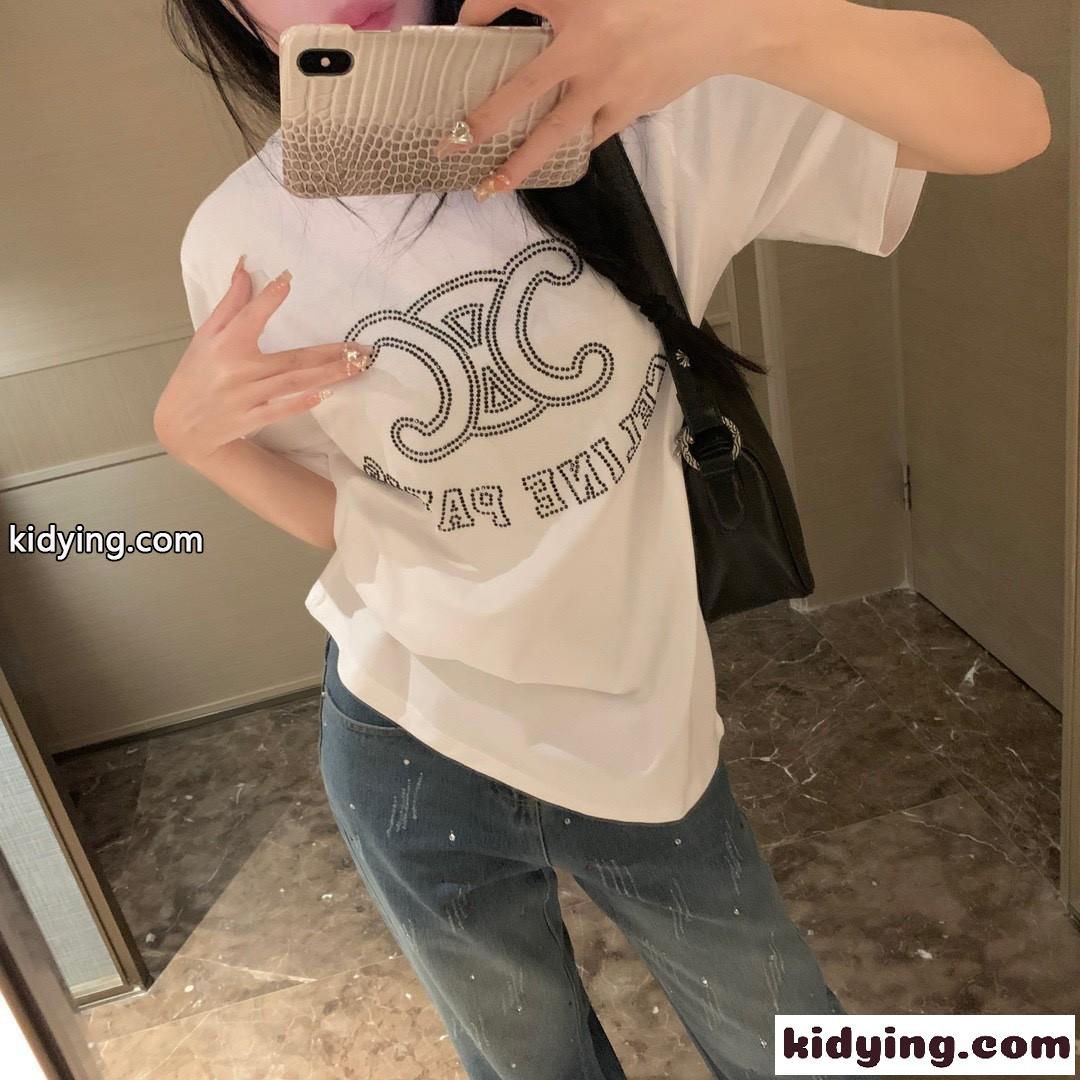 ラインストーン付き ロゴ 半袖Tシャツ セリーヌ Tシャツ コピー ホワイト-3