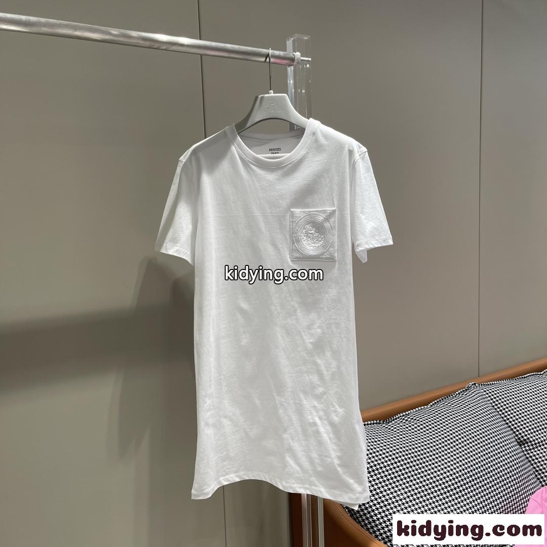 2023春夏 ストレートドレス 刺繍入りポケット エルメス ワンピース コピー 半袖Tシャツワンピース-0