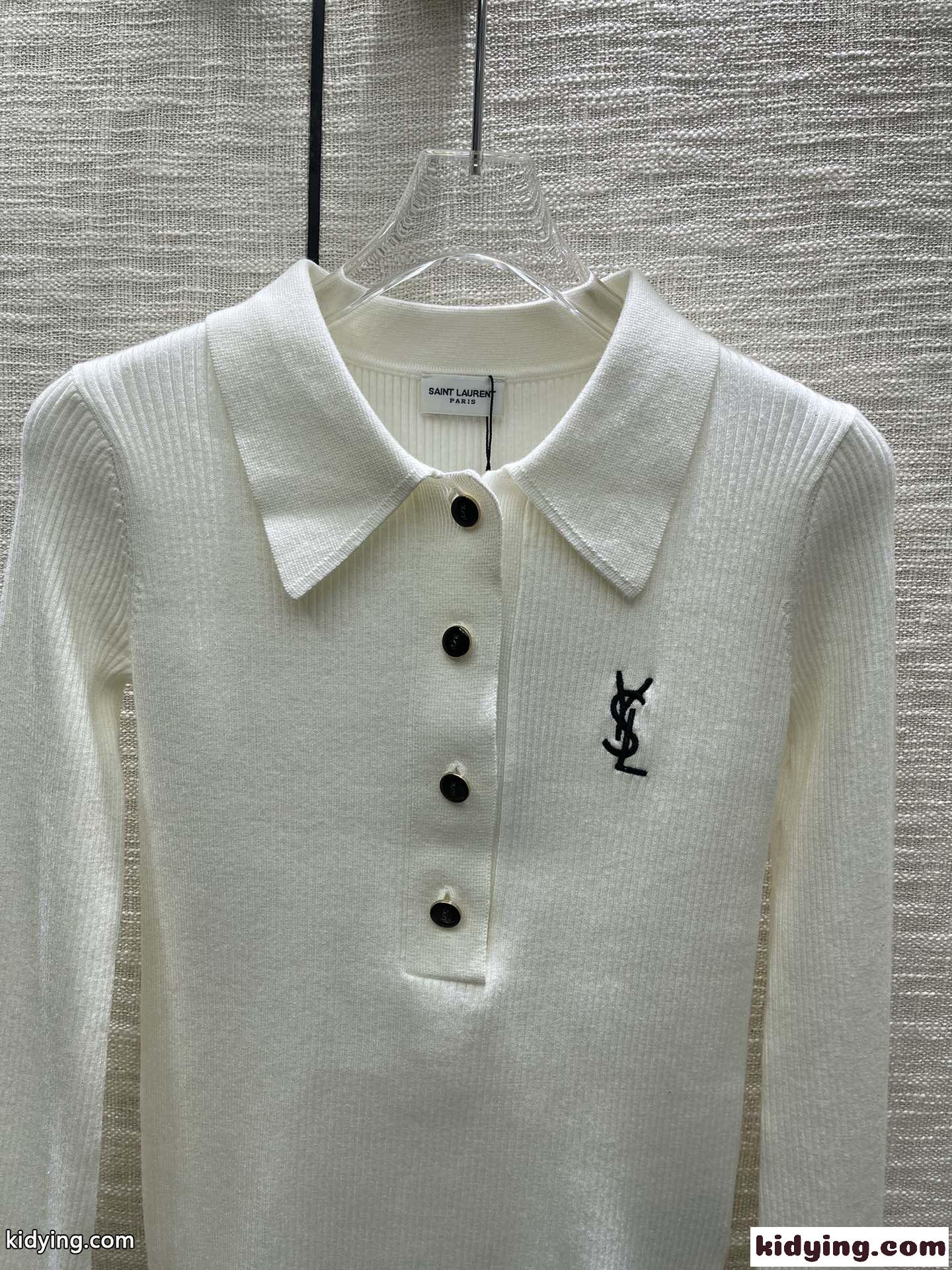 シンプル ロゴ刺繍 リブニット ポロ イヴ・サンローラン セーター コピー-4