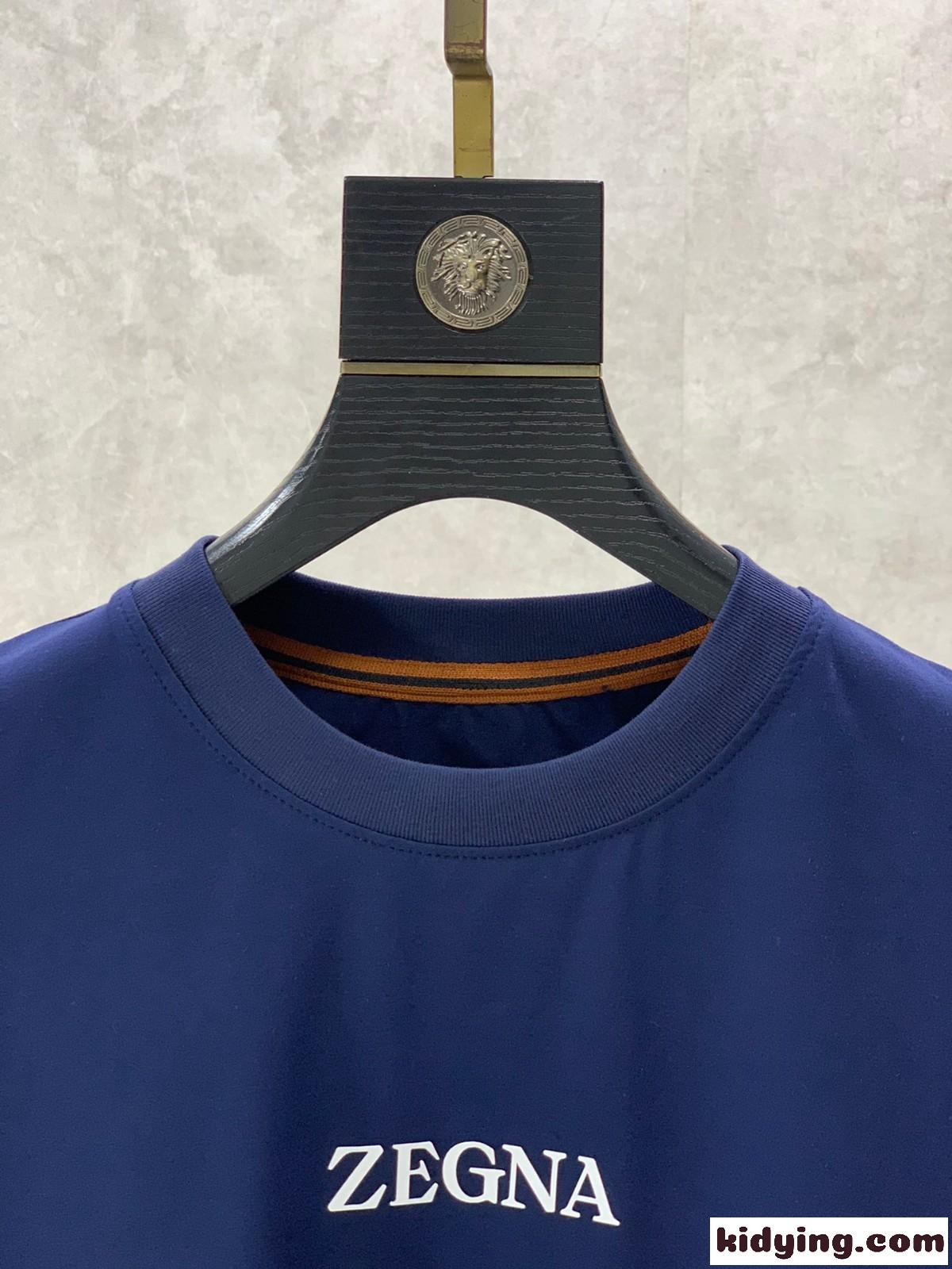 ベーシック シンプル ロゴ クルーネック 半袖Tシャツ エルメネジルド・ゼニア Tシャツ コピー ブルー-2
