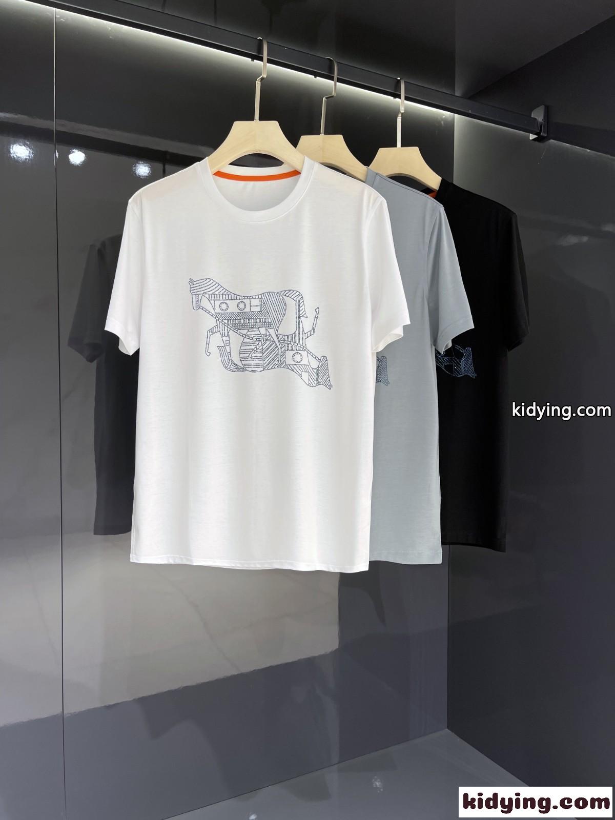 カジュアル 薄手 ラインストーン クルーネック エルメス 半袖tシャツ コピー シルケット コットン トップス-0